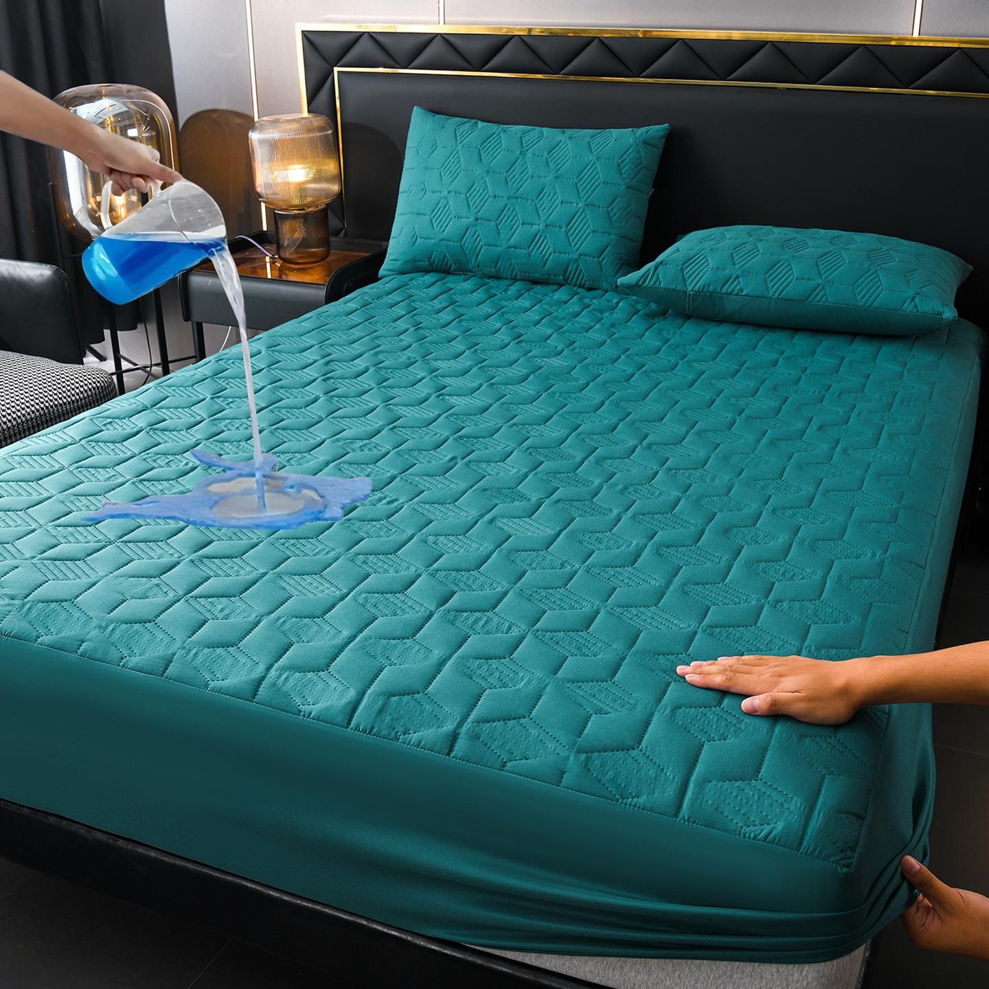 Waterproof Quilted Fitted Sheet Set - 3 Pieces (1 Mattress Cover + 2 Pillowcases), Deep Pocket, Navy Blue
