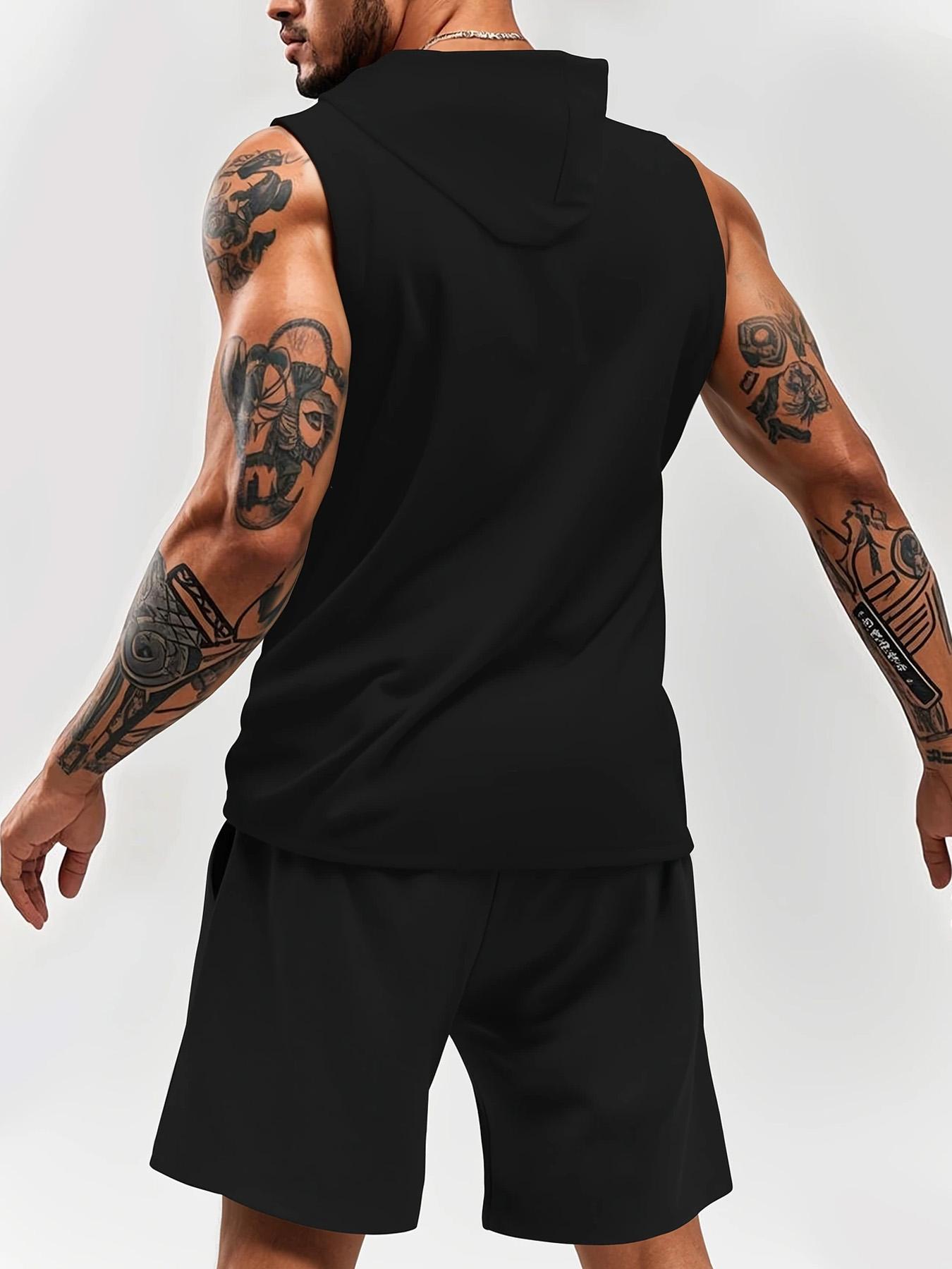 Two-Piece Set Men's Hooded Vest & Shorts, Regular Fit Sleeveless Top & Shorts, Casual Summer Outfits Clothes Set for Men
