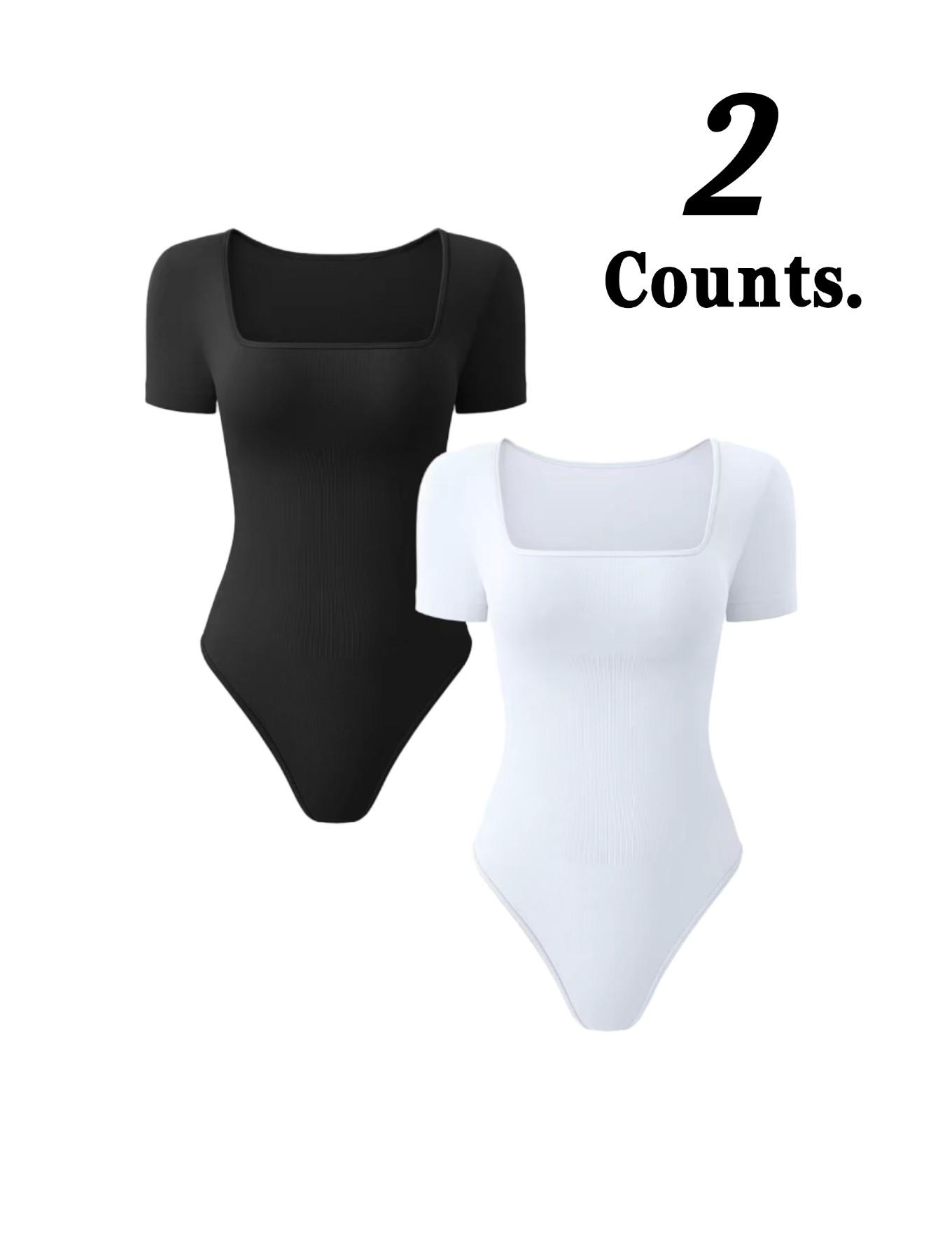 Women's Square Neck Short Sleeve Bodysuit, Seamless Waist Cinch Slim Fit Inner Top, Basic Hot Girl Underwear T-Shirt