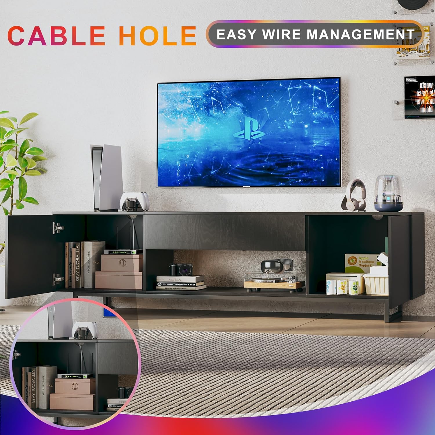 TV Stand for 75 inch TV, Entertainment Center with LED Light, Modern Wood TV Console with Texture Entertainment Stand with Highlight Storage Cabinet for TVs Up to 70-80" Black