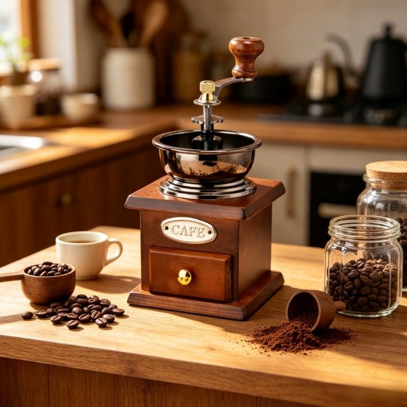 Vintage Wooden Manual Coffee Grinder, Portable Hand Crank Coffee Bean Mill with Collection Drawer, Adjustable Grinding for Camping, Travel, Home & Office Coffee Brewing