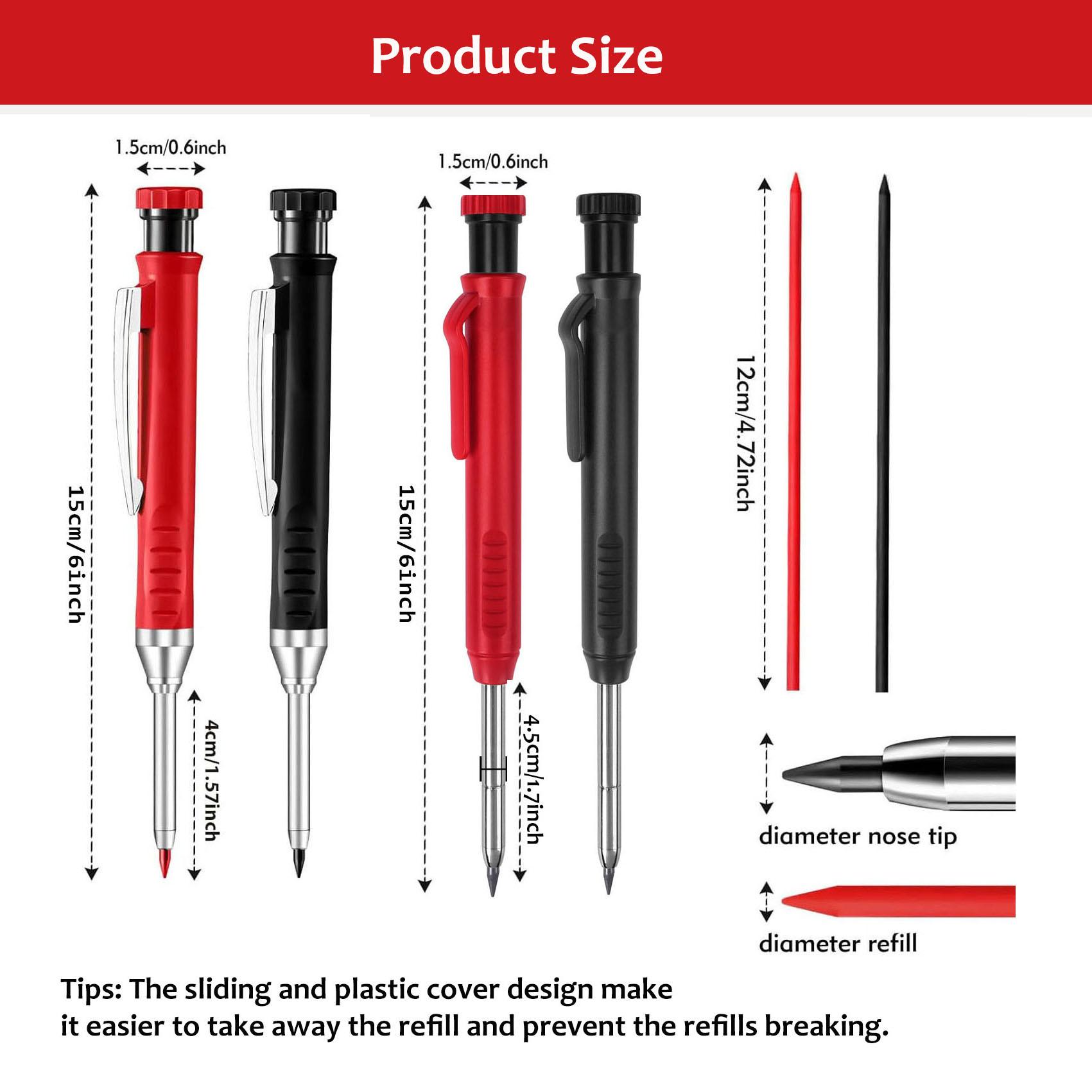 Mechanical Pencil Set, Mechanical Drawing Pencils, carpenter pencil sets, 2 Carpenter Pencils and 12 pen refills, Construction pencils for construction and woodworking, deep hole marking, durable construction tools, black and red with box