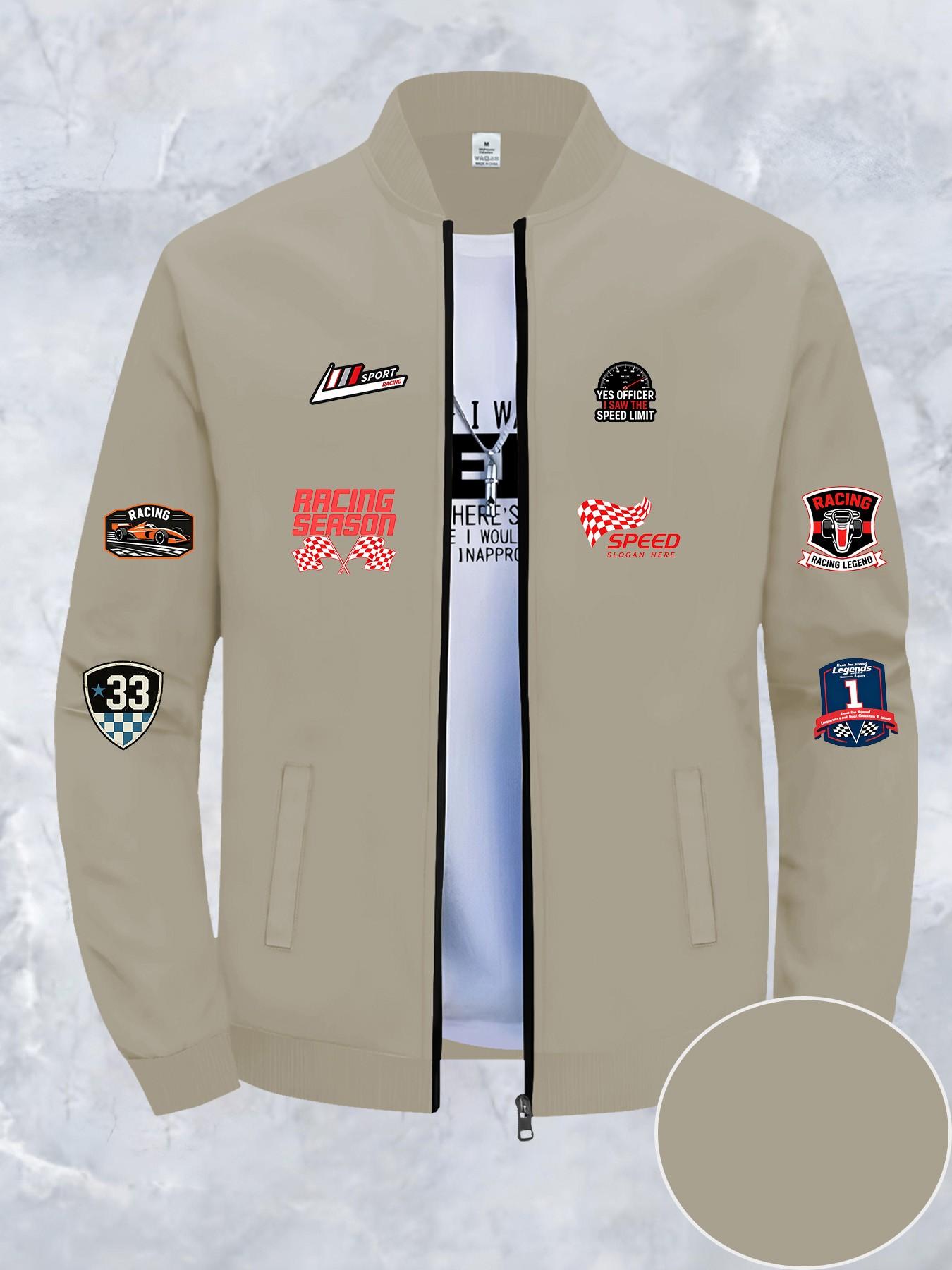 Racing Theme Zipper Jacket, Baseball Neck Design, Multiple Badge Patterns, Track Flags, Racing Cars, Gauges, All-Season Outerwear