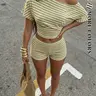 Yellow Grey Stripe Two Piece Outfit Asymmetric Off Shoulder Short Sleeve Crop Top High Waist Matching Shorts Stretch Lightweight Loungewear Set, ideal for seaside resort trips street hangouts café dates and casual summer daily matching looks, Striped Set