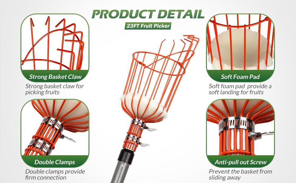Walensee 23FT Fruit Picker, Adjustable Fruits Picker Tool with Fiberglass Pole, Big Basket and Storage Bag, Fruit Catcher Equipment Tree Picker for Lemons Apples Mango Orange Avocados Fruit Picking