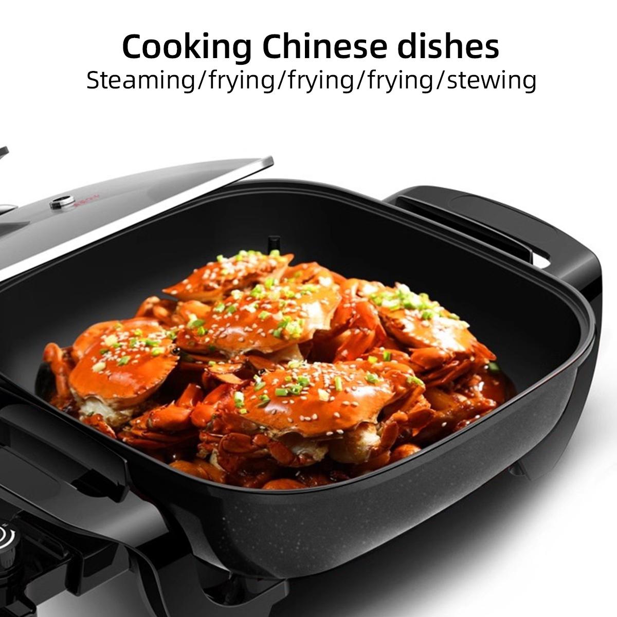 Electric Frying Pan - 6L Large Capacity Non-Stick Cooking Pot, Household & Kitchen Appliances, Stand-Up Glass Lid, 3 Heat Levels, Heat-Resistant Handle, 1500W Multifunctional Cooker, Black
