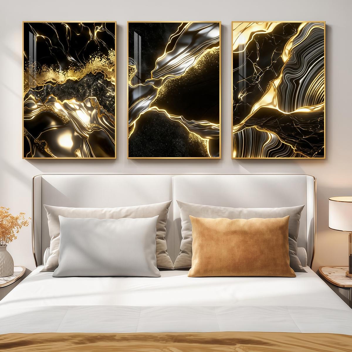 3 Counts Aluminum Alloy Framed Painting, Abstract Black And Gold Fluid Art Pictures, Home Decoration For Living Room, Bedroom, Office, Restaurant, Hallway Wall Decor, Odorless Print Artwork, Luxury Perfect Gift For Friends And Family