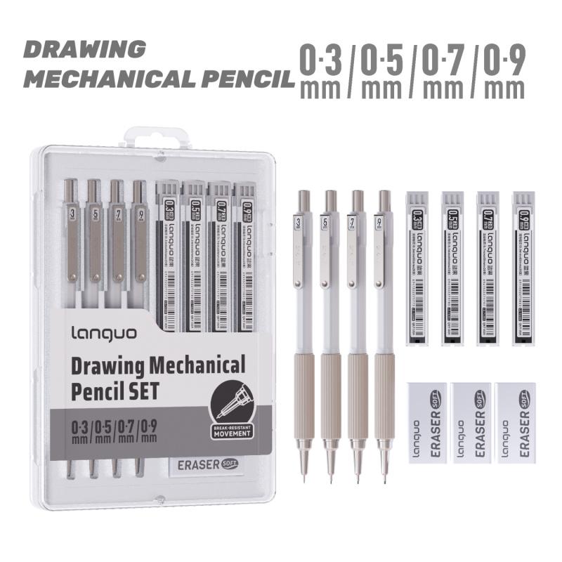 Metal Mechanical Pencil Set,Retractable pen tip,Anti-break core,4PCS Art Drafting Pencils0.3, 0.5, 0.7, 0.9MM with 80PCS Leads Refills 3PCS Erasers Case for Writing Sketching Drawing
