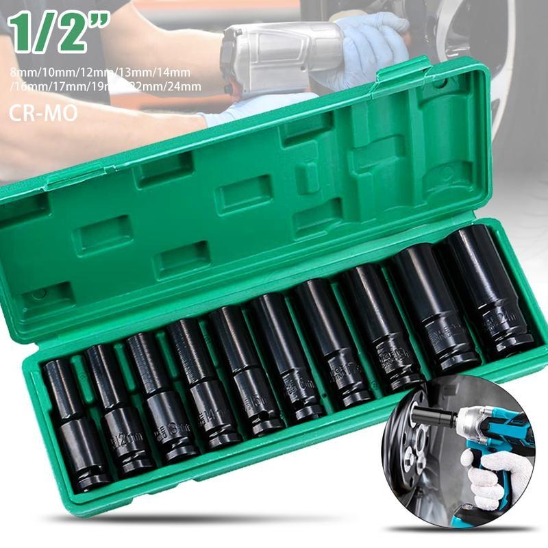 12 Drive Impact Socket Set, 10 Sockets and Driver Tool Kit, Standard Metric Size (8-24mm) Mechanics Tool Kit Socket Kit Metric Drive Socket Wrench Set with Plastic Tool Case