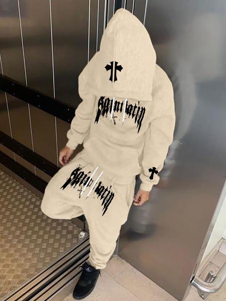 Men's Street Style Hooded Sweatshirt & Pants Set, Graphic Print, Loose Fit, Long Sleeve, Fall Winter Fashion, Casual
