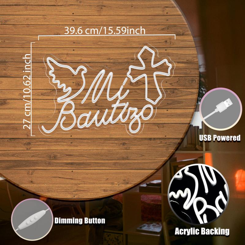 Mi Bautizo LED Neon Sign Baptism Party Decor Christening Event Decoration Photo Booth Hispanic Aesthetic Light USB Neon Light Bright Home Celebration Centerpiece Gift Trendy LED Light Entertainment