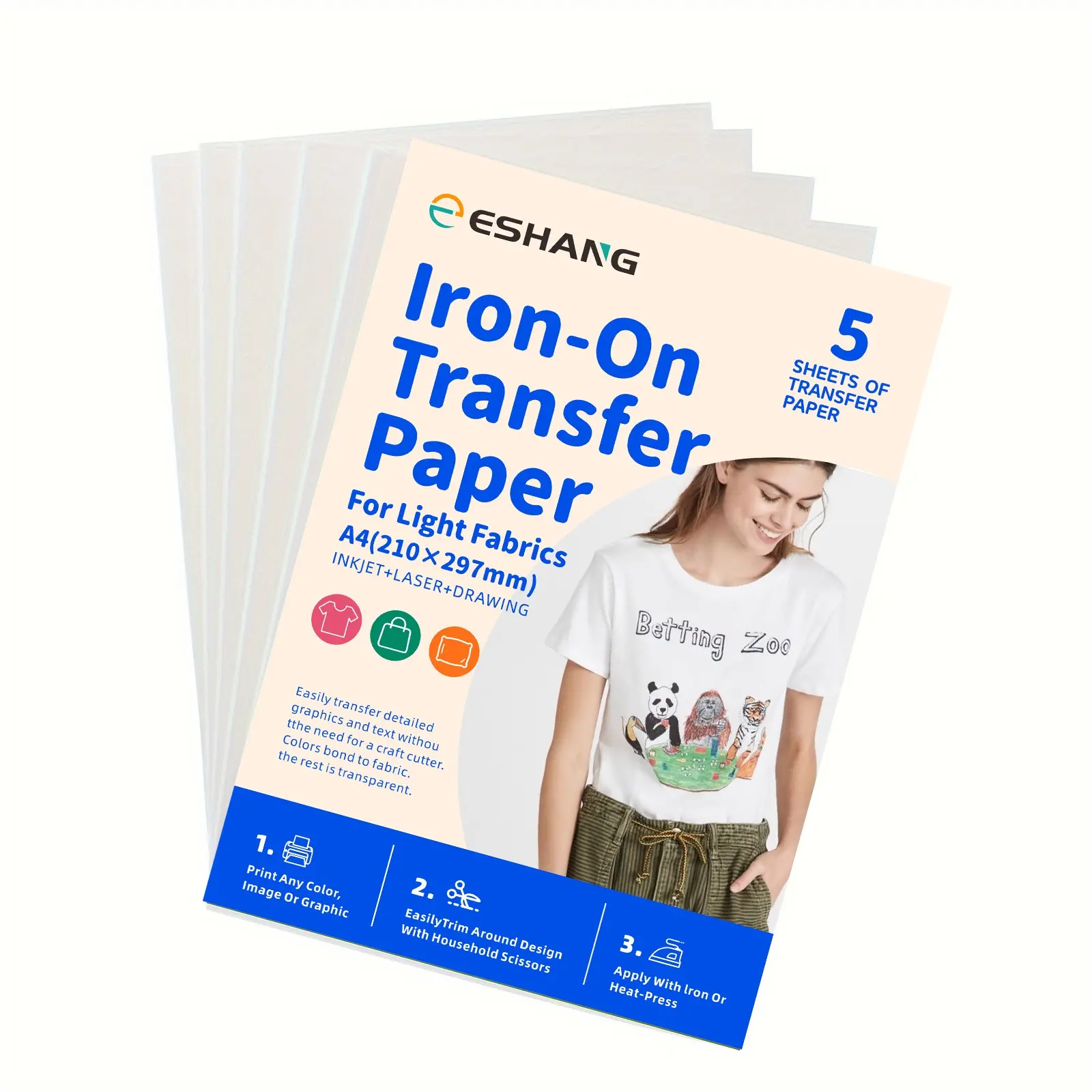 A4 8.3 X 11.7 Inch 5 Sheets Iron on Heat Transfer Paper, Ideal for Light Fabric T-Shirt Transfers, Compatible with Inkjet Printers