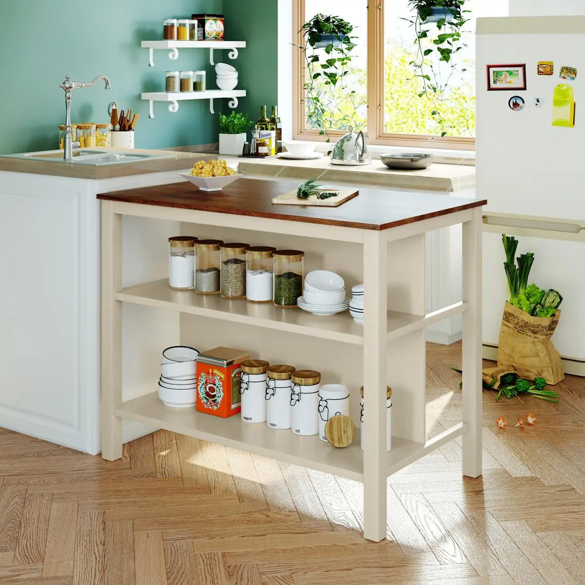 TOPMAX Farmhouse Solid Wood Rustic 45x27x36" Stationary Kitchen Island - Rubber Wood Butcher Block Prep & Dining Table with 2 Open Shelves, Half Shelf Side for Small Spaces, Walnut+Cream White
