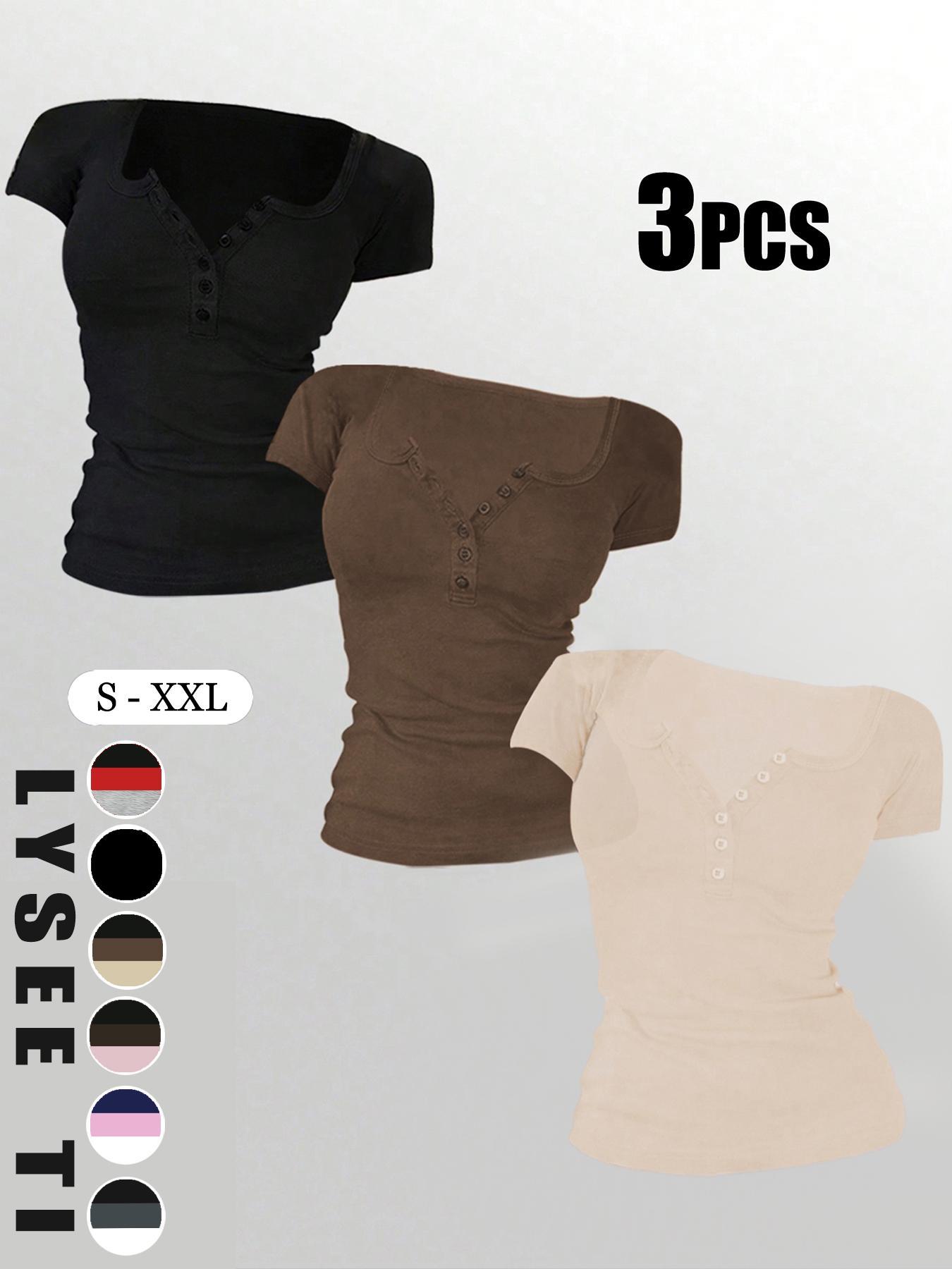 Women's Solid Button Tee, Casual Chic Minimalist Short Sleeve T-shirt for Summer, Ladies Clothes for Daily Wear