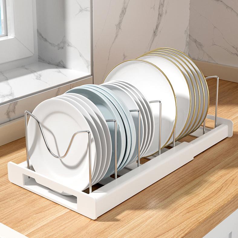 Expandable Pot and Pan Organizer Rack for Cabinet, Pot Lid Organizer Holder with 7 Stainless Steel Adjustable Dividers for Kitchen Cabinet Organizer and Storage (White)