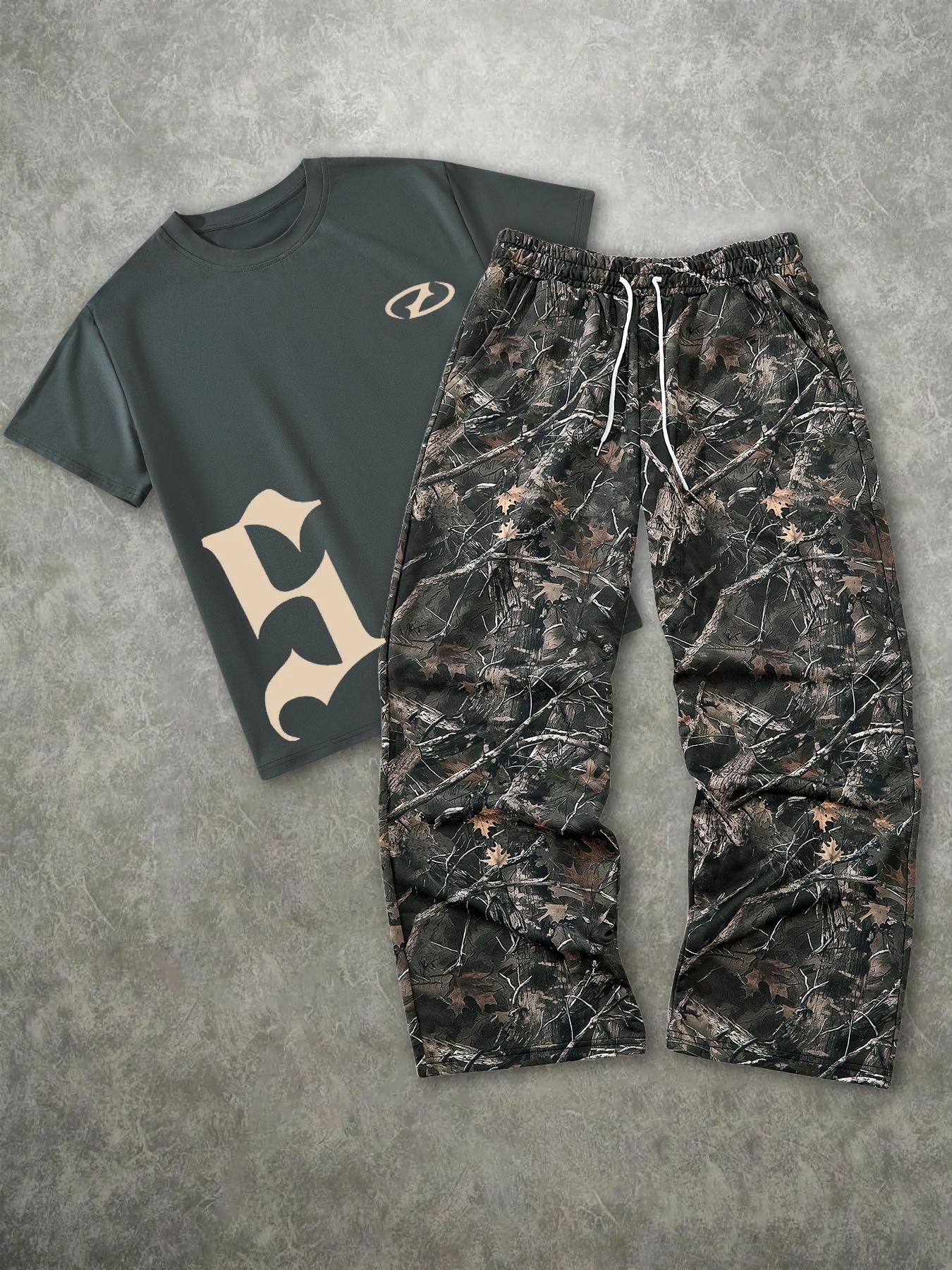 Men's Fashion Street Vintage Camo 2-Piece Set, Letter Print Short Sleeve T-Shirt & Leaf Camo Wide Leg Pants, Outdoor Adventure/street Style