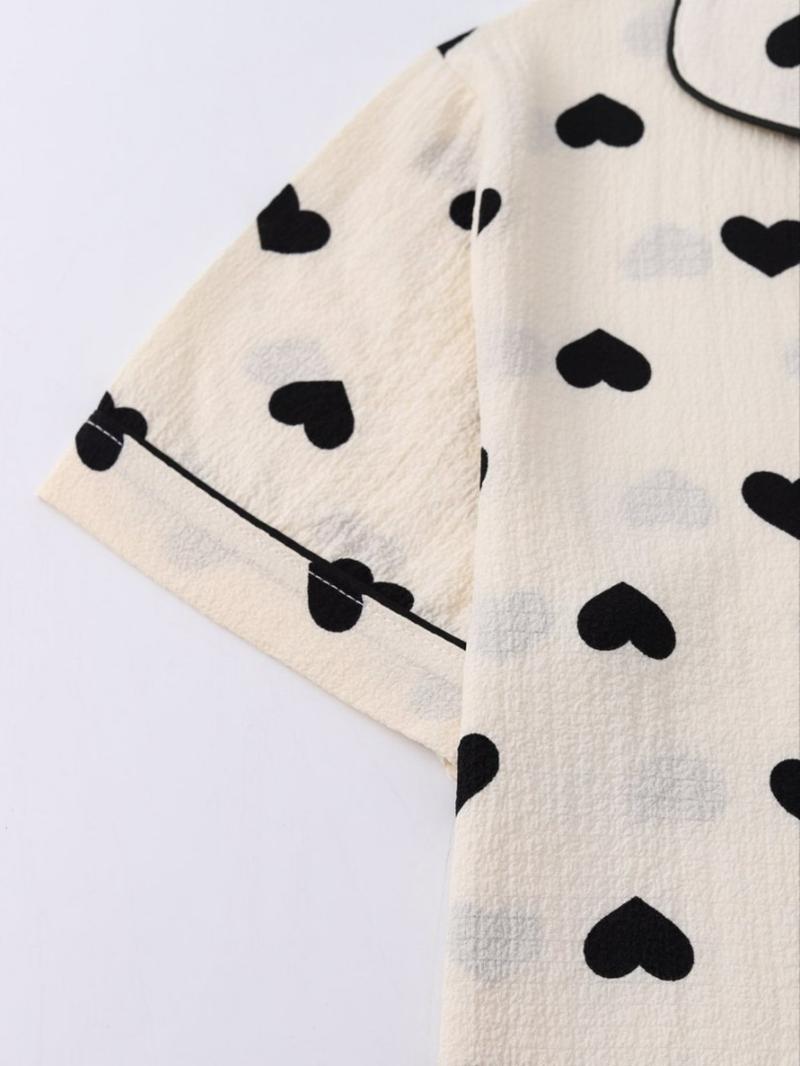 Women's Heart Print Lapel Neck Top & Elastic Waist Shorts Pyjama Two-piece Set, Casual Comfy Short Sleeve Top & Shorts PJ Set, Ladies Sleepwear Loungewear for All Seasons
