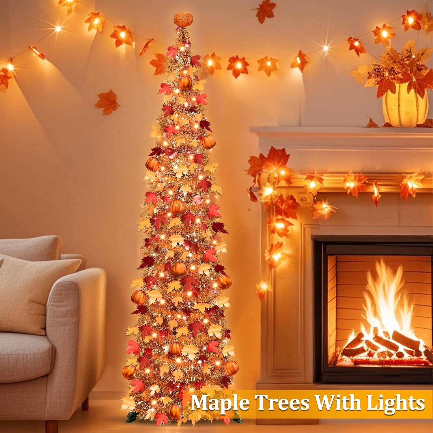 5 FT Lighted Fall Tree Decor with Warm White Lights, Halloween Thanksgiving Pumpkin Tree Decorations for Home, Battery Operated Maple Tree for Indoor Harvest Party