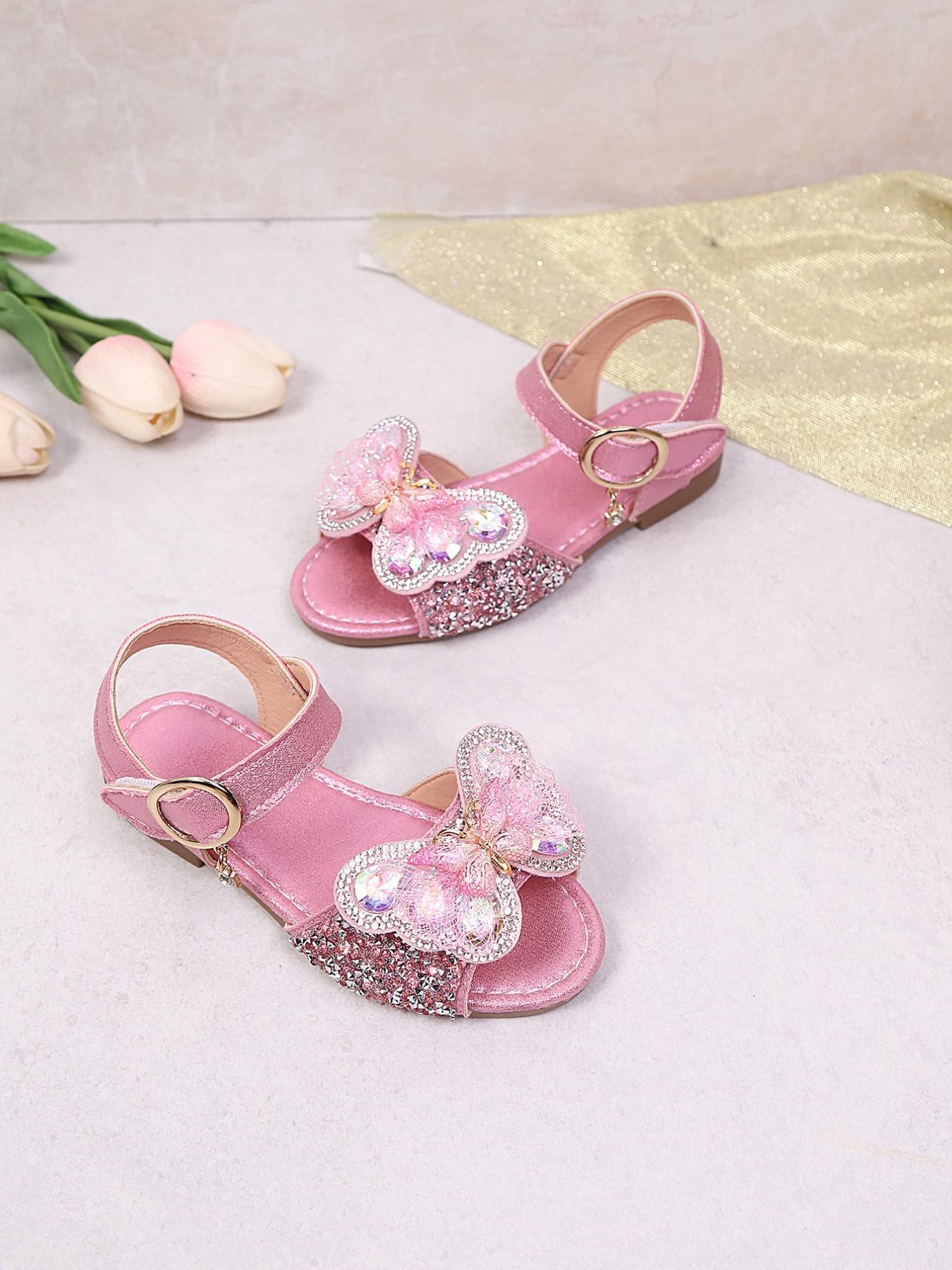 Must-Have Summer Sandals for Girls, Crystal Bow Detail, Adjustable Strap, Elegant Textile Upper, Rubber Sole, Spring & Fall