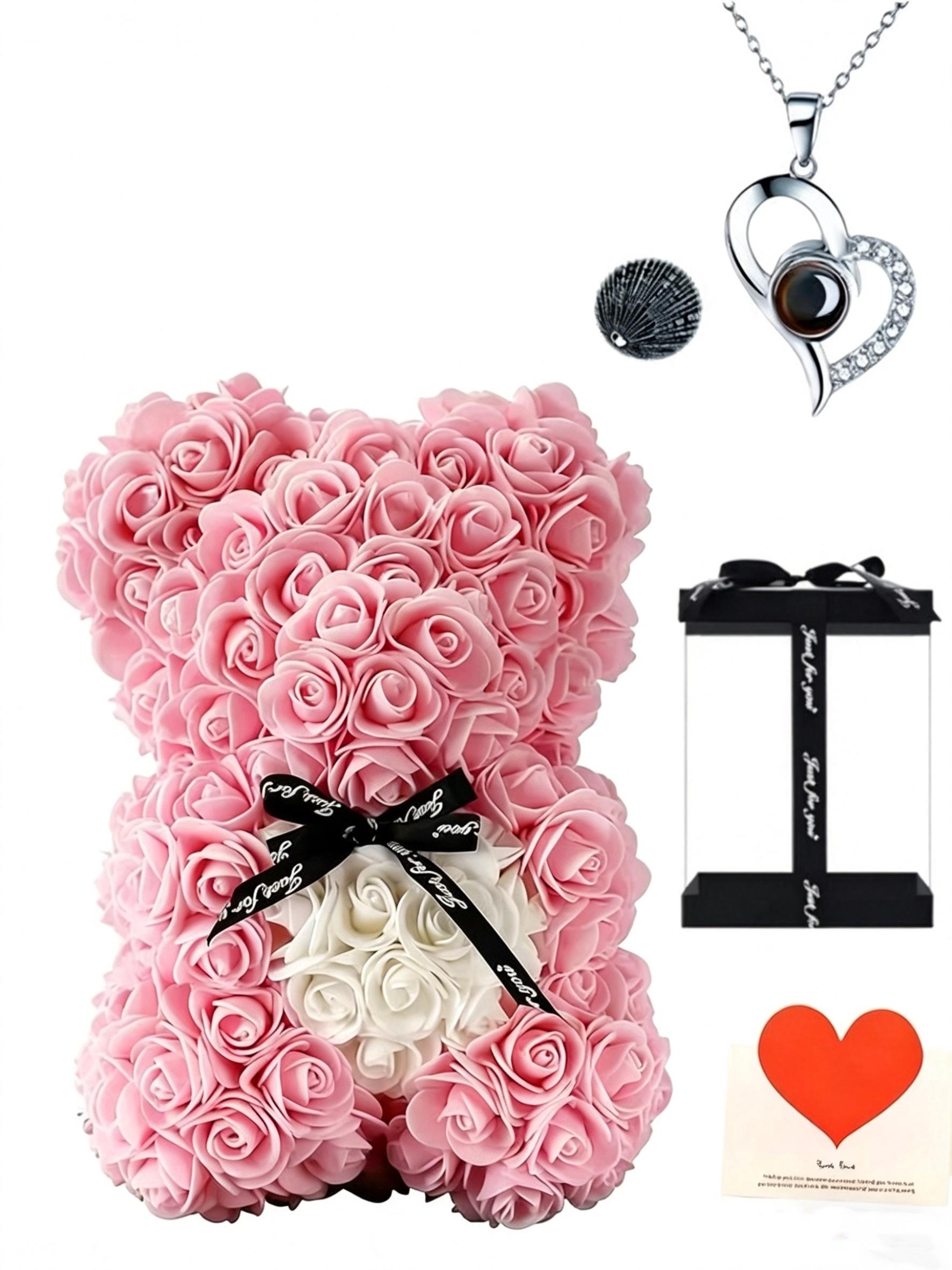 100 Languages Projection Necklace, Rose Flower Bear Birthday Gift Box, Blessing Message Card, Perfect Present for Special Occasions