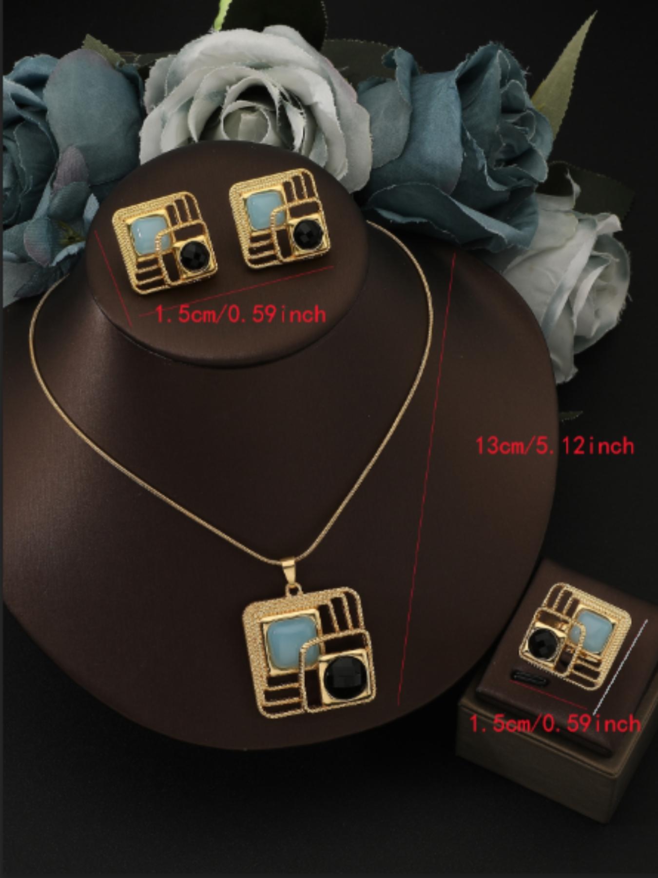 Luxury Unique Design Jewelry Set, Hollow Square Snake Chain Necklace Earrings Ring, Versatile Commuter Accessories, All Seasons Casual Style