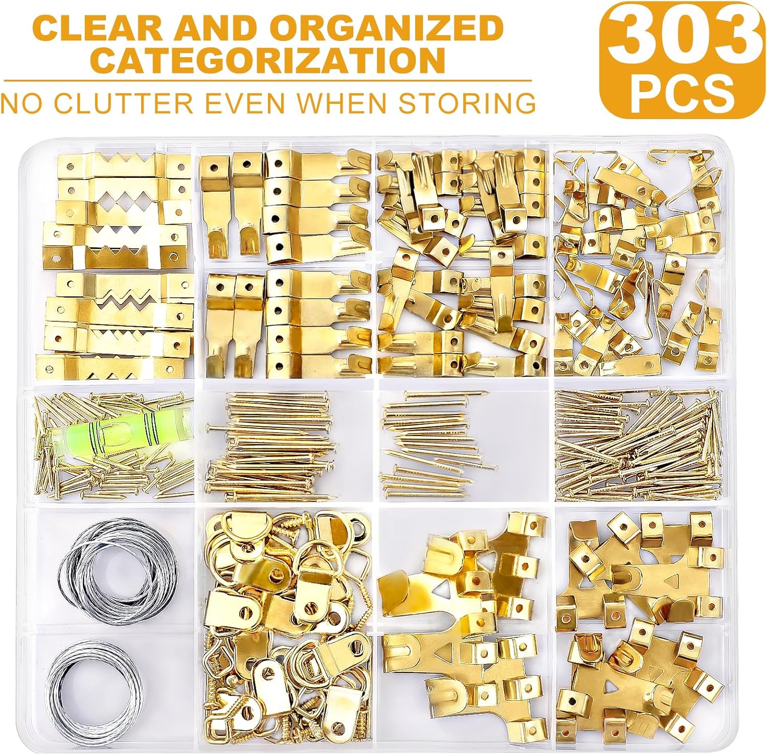 303Pcs Picture Hanging Kit, Picture Hangers Assorted Kit with Heavy Duty Picture Hanging Hooks/Hardware Nails/Sawtooth/Wire/D Rings/Level, Metal Picture Wall Hooks for Frame Canvas Mounting