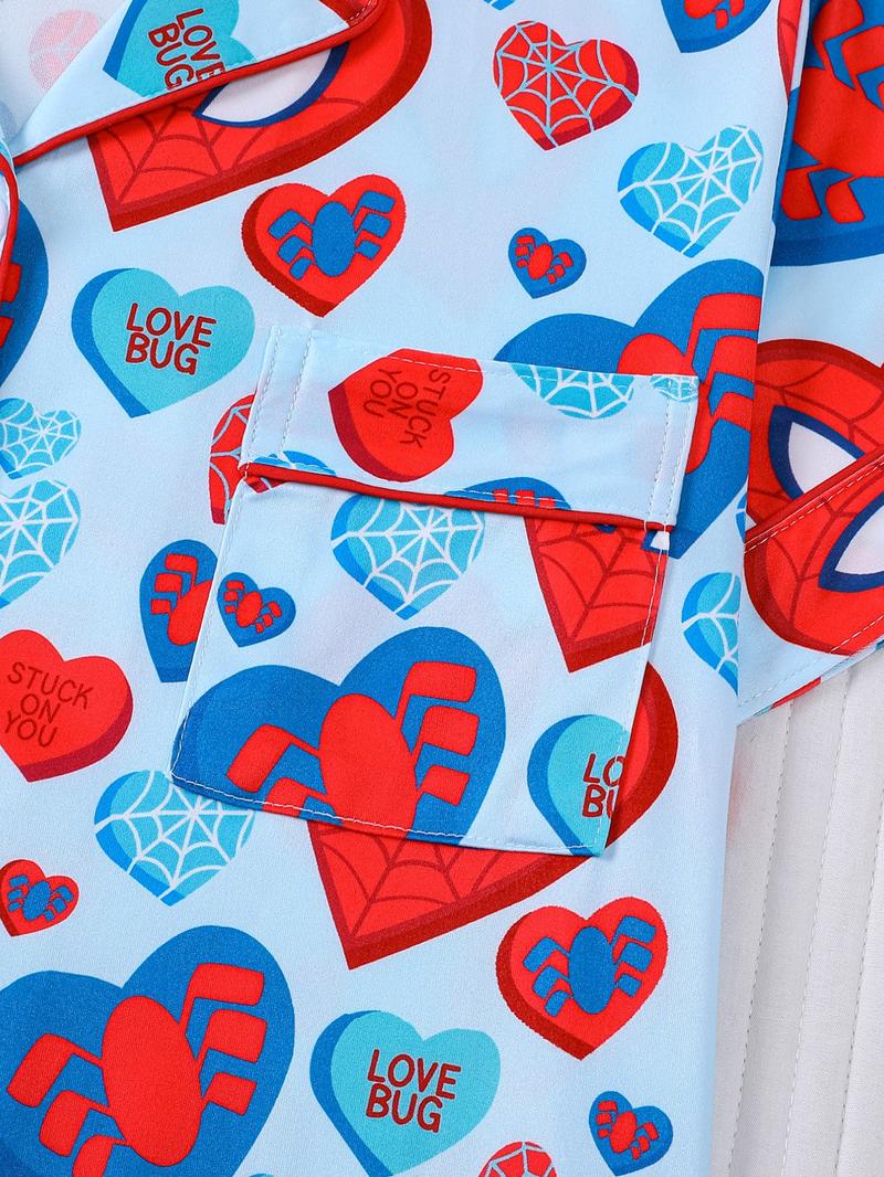 2-piece Valentine's Day Women's Blue Bottom Full of Spider Web Love Spider Love Cartoon Character Pattern Printed Short Sleeve Shorts Soft and Comfortable Top Small Pocket Elastic Waist Head Suitable for Four Seasons Home Daily Casual Pajama Set
