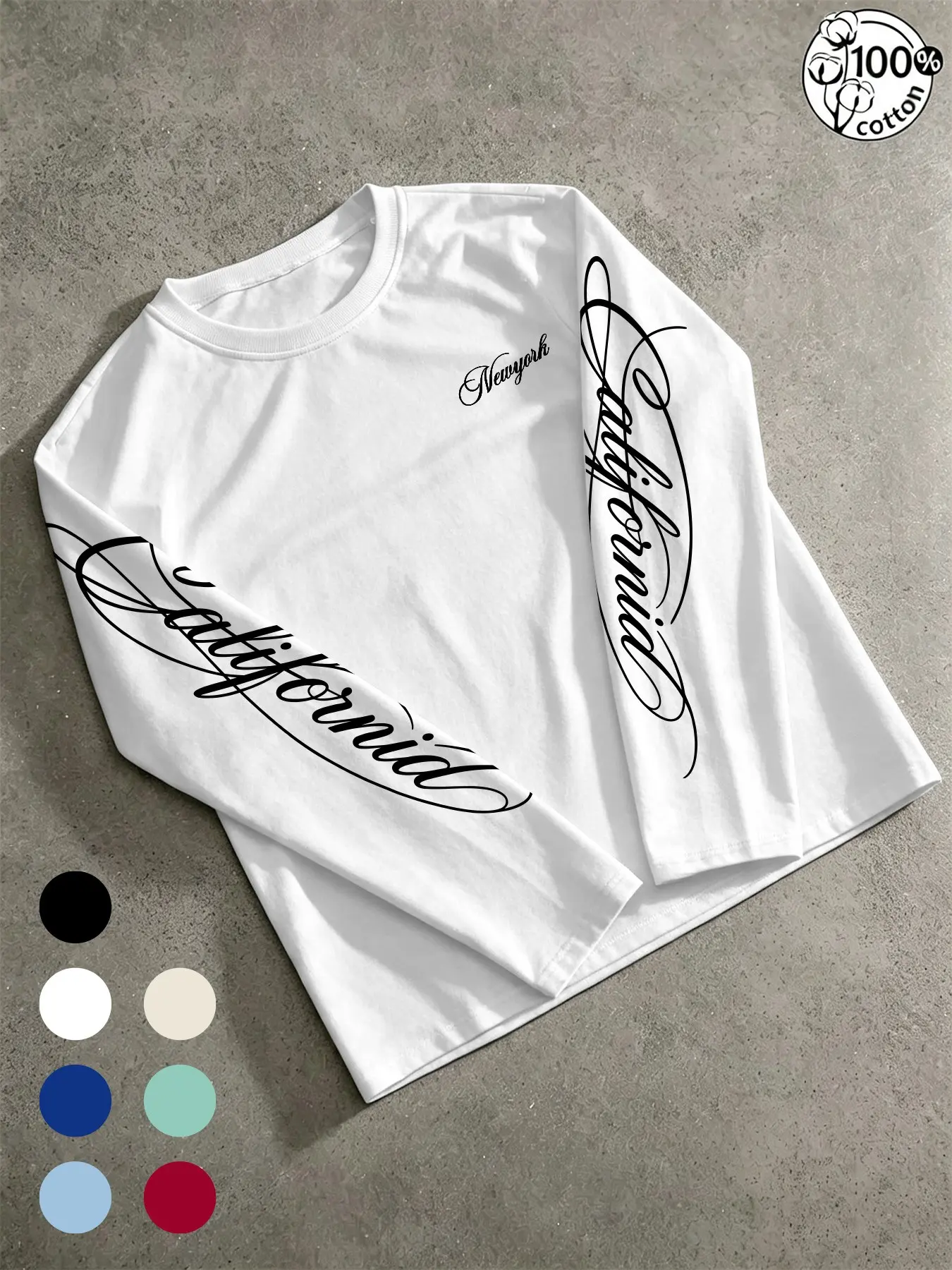 American West Coast Script Letter 100% Cotton Round Neck Long Sleeve T-Shirt, Unisex Y2K Streetwear, Ideal for Skateboarding and Casual Wear