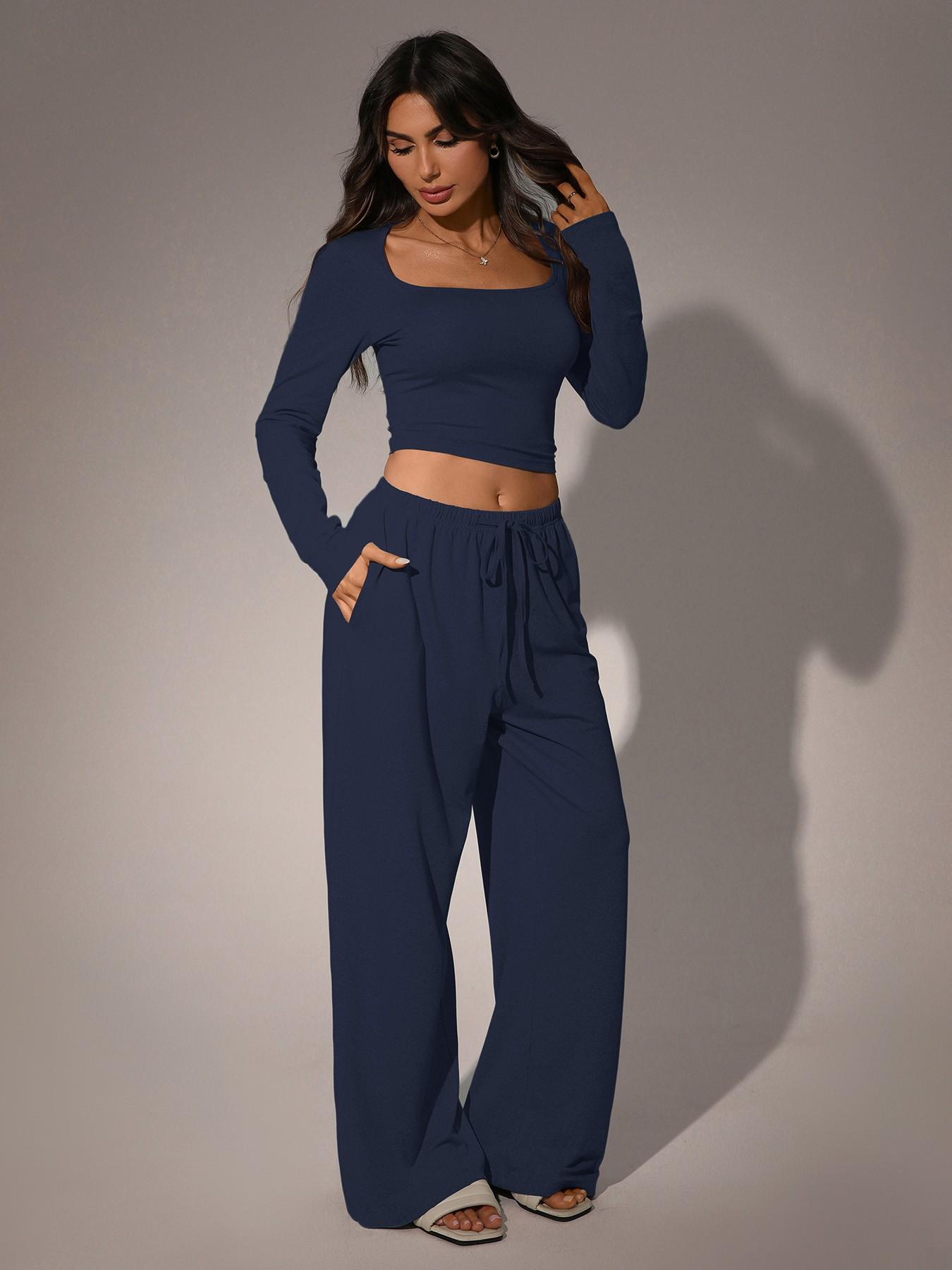 Women's 2 Piece Matching Lounge Set, Square Neck Long Sleeve Crop Top, High Waisted Wide Leg Drawstring Pants with Pockets, Casual Sweatsuit