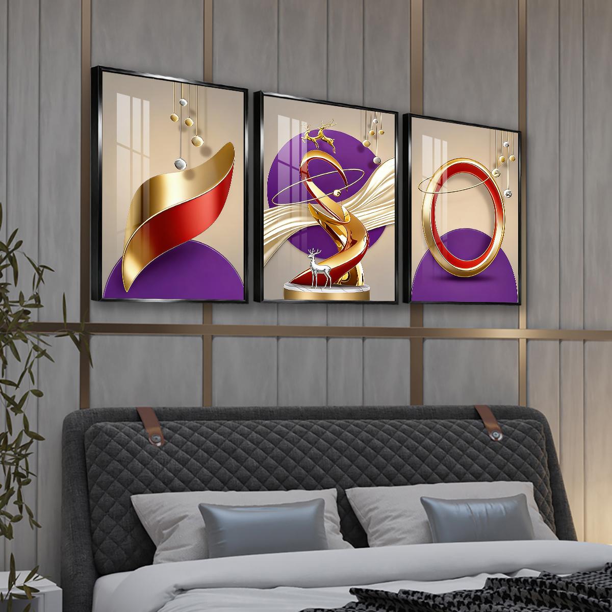 3 Counts Aluminum Alloy Framed Painting, Abstract Golden And Red Geometric Shapes With Deer Pictures, Home Decoration For Living Room, Bedroom, Office, Restaurant, Hallway Wall Decor, Odorless Print Artwork, Luxury Perfect Gift For Friends And Family