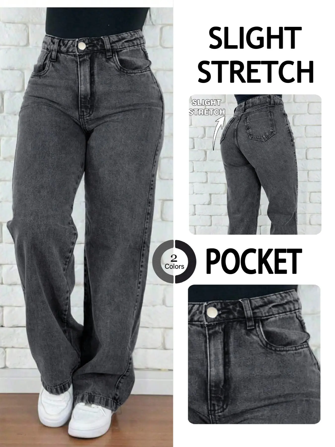 Women's High-Waisted Washed Wide-Leg Jeans, Button, European Style Straight Leg Pants, Streetwear, Butt Lifting, Soft Fabric, All Seasons