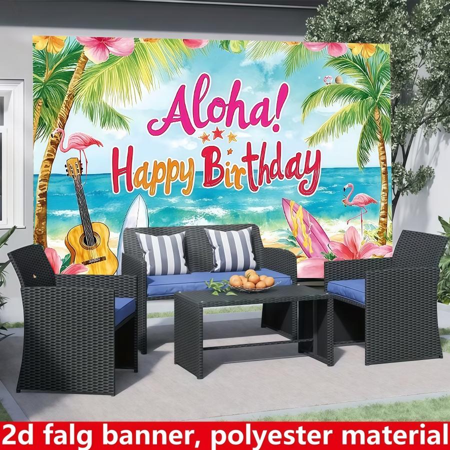 Vibrant Hawaiian birthday background banner,graffiti beach scene with flamingos and palm trees, suitable for summer parties, photo booth props and cake table decorations, Hawaiian party decorations, multifunctional decorations for outdoor birthday parties