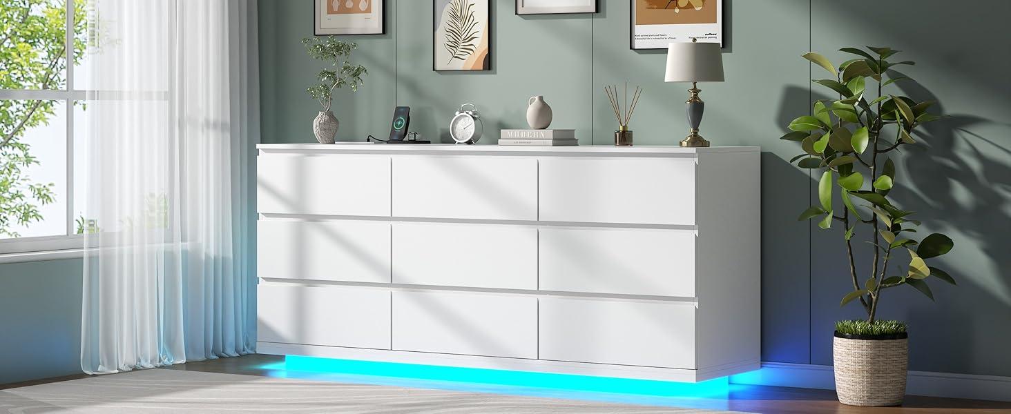 Floating White Dresser Chest of Drawers with LED Light, 9 Drawers, Modern Design, Black Finish, Ideal for Storage and Aesthetic Interior drawer dresser