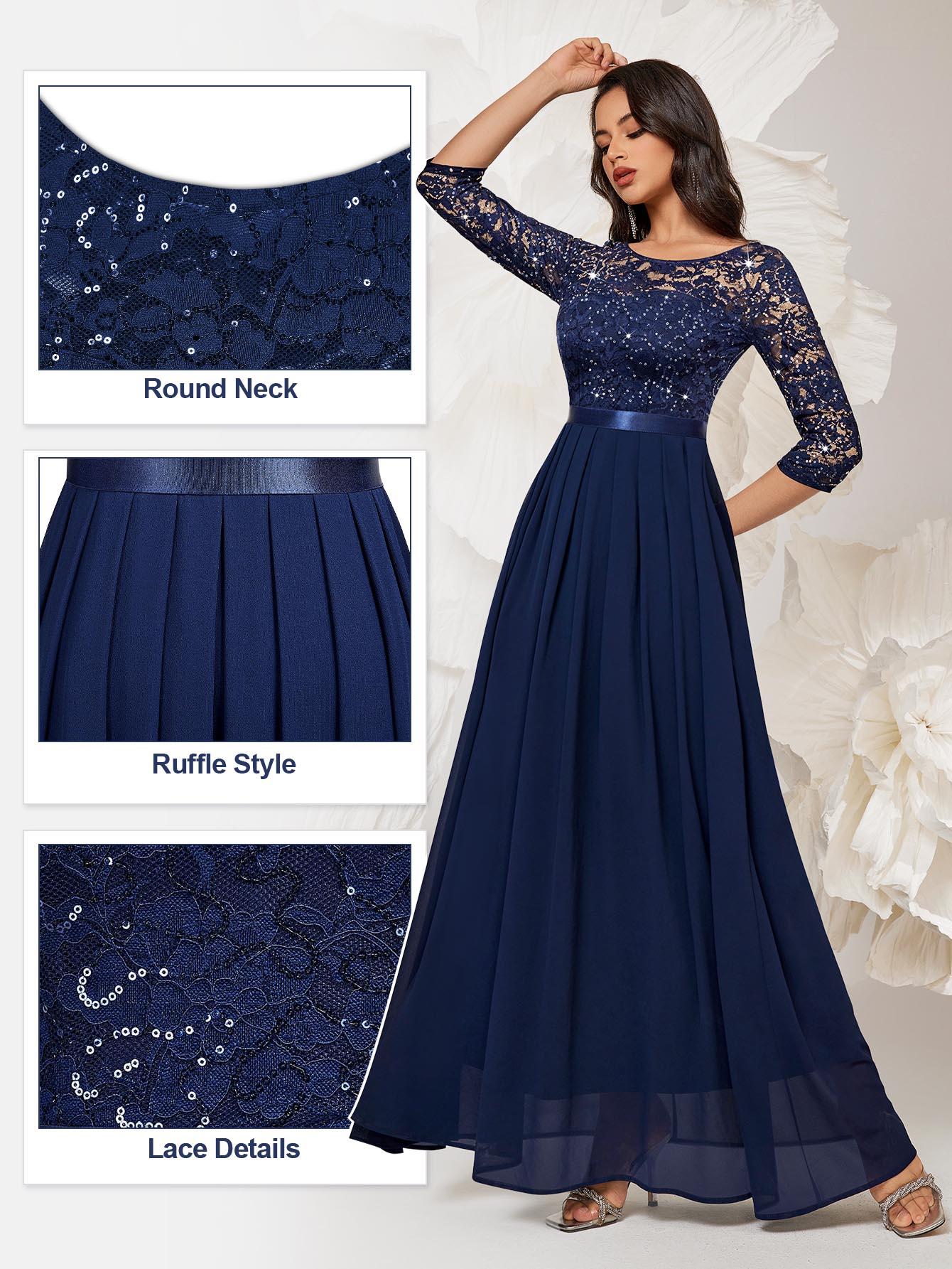 MIUSOL 24268A Elegant Sequin Floral Lace 3/4 Sleeve Pleated Hem Chiffon Formal Prom Party Maxi Dress MIUSOL 24268A Elegant Sequin Floral Lace 3/4 Sleeve Pleated Hem Chiffon Formal Prom Party Maxi Dress