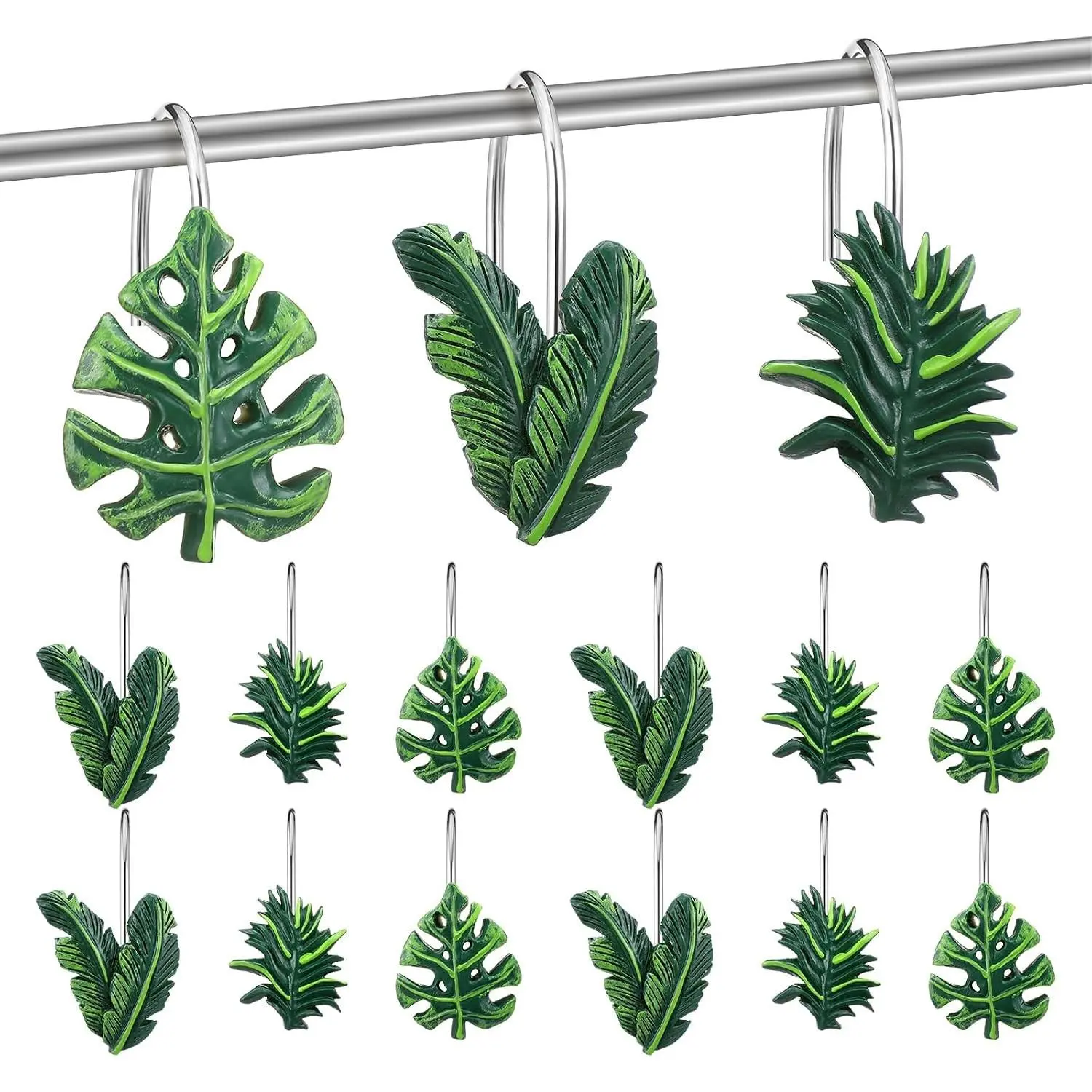 12 Pcs Tropical Leaf Decorative Shower Curtain Hooks Cute Green Monstera Deliciosa Leaves Curtain Rings Hanger Stainless Steel Resin Tropical Botanical Themed Hooks for Home Bathroom Decor