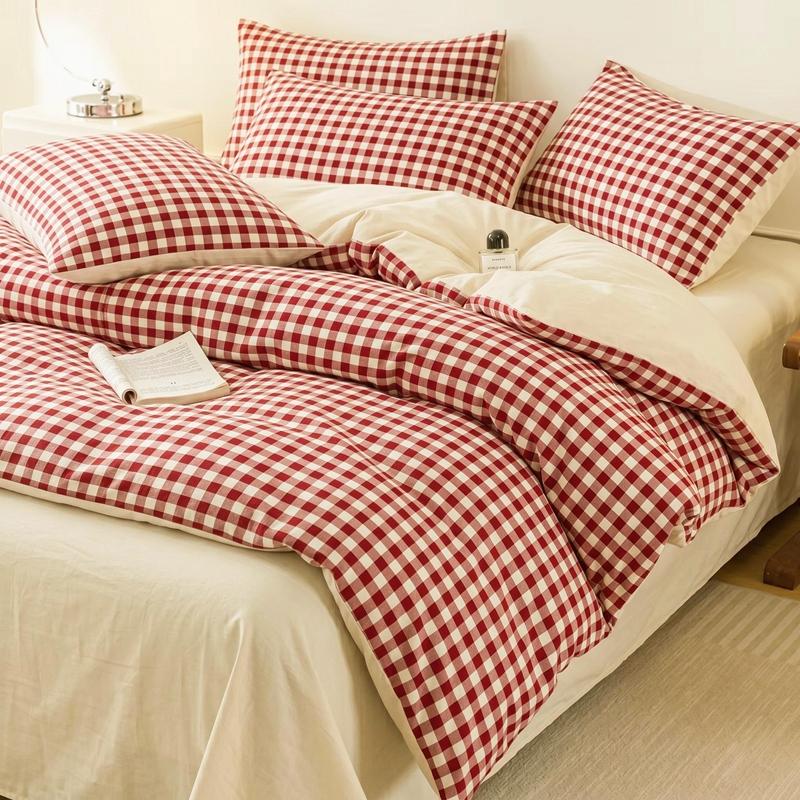 Colorful Cationic Fabric Plaid Four-Piece Set, Includes Duvet Cover, Bed Skirt, Pillowcases, Comfortable and Stylish Bedroom Essentials