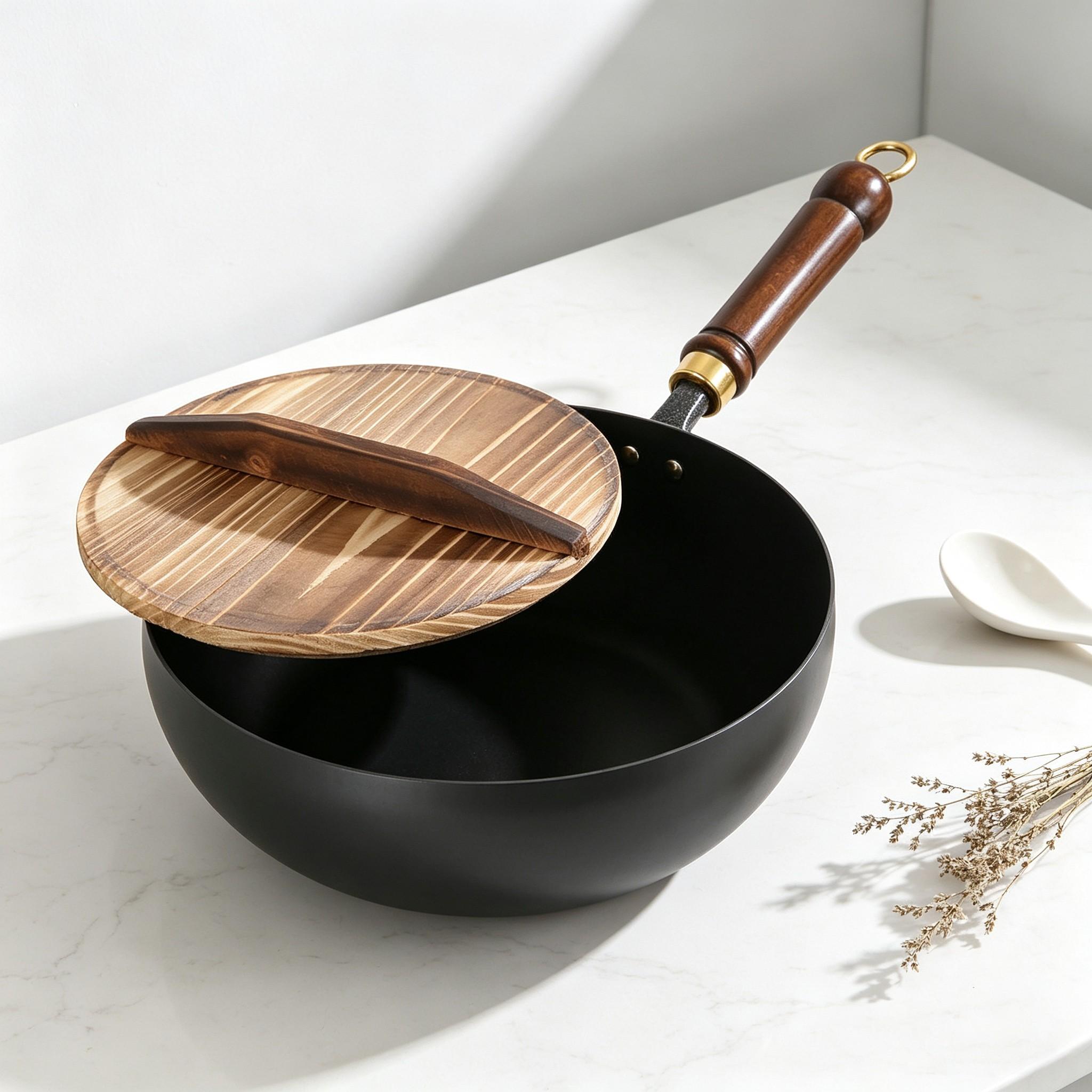 Handmade Zhangqiu Iron Wok 24cm, Traditional Design Big Belly Non-Stick Chinese Wok, Ideal for Stir-Fry & Stew, Durable Cooking Tool