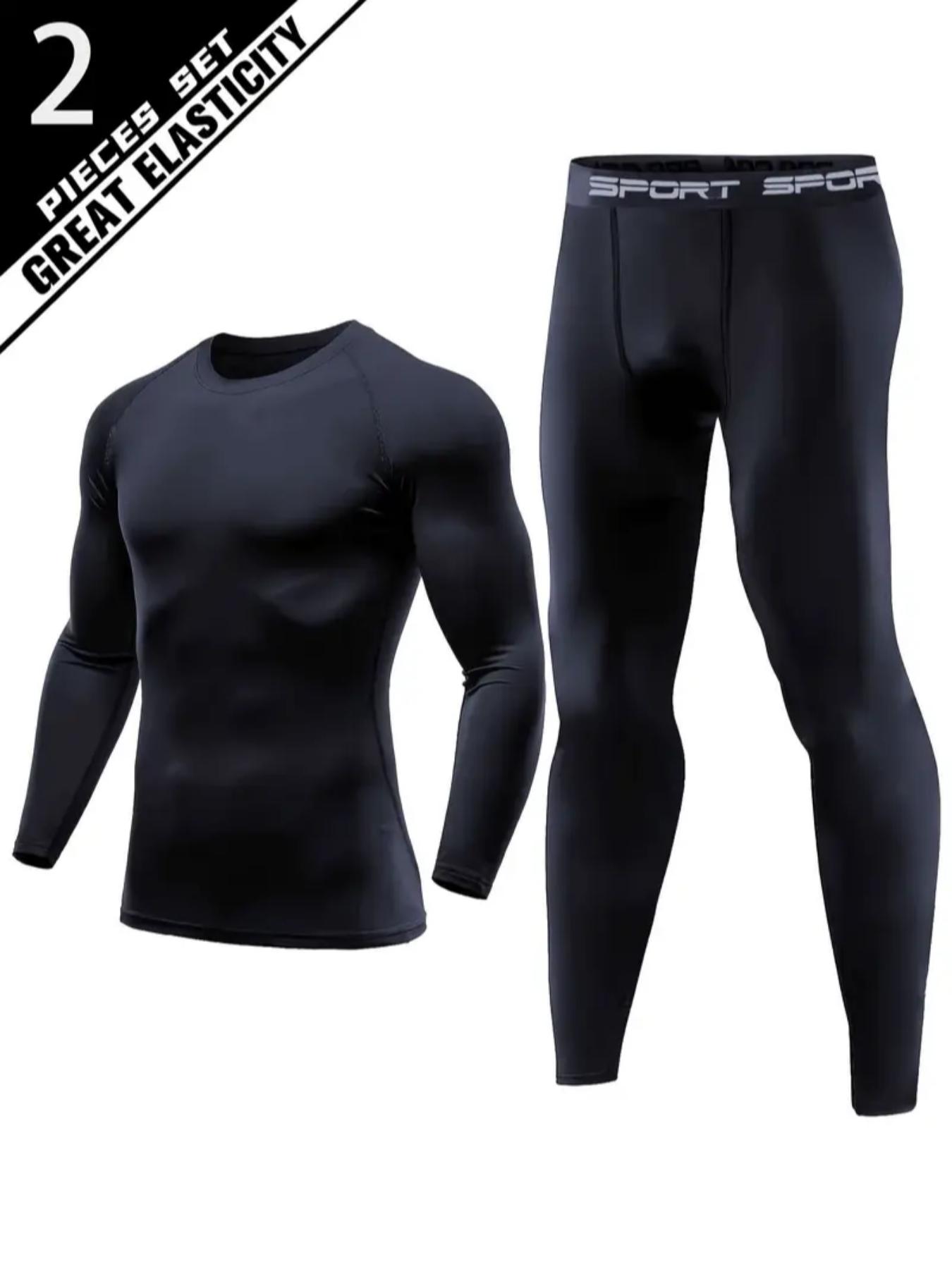 Men's 2-Piece Stretchy Sports Workout Underwear Set with High Elastic Polyester and Spandex Fabric, Long Sleeve Compression Shirt and Pants for Running Basketball Training Work Out Outdoor Activities, Tight Leggings