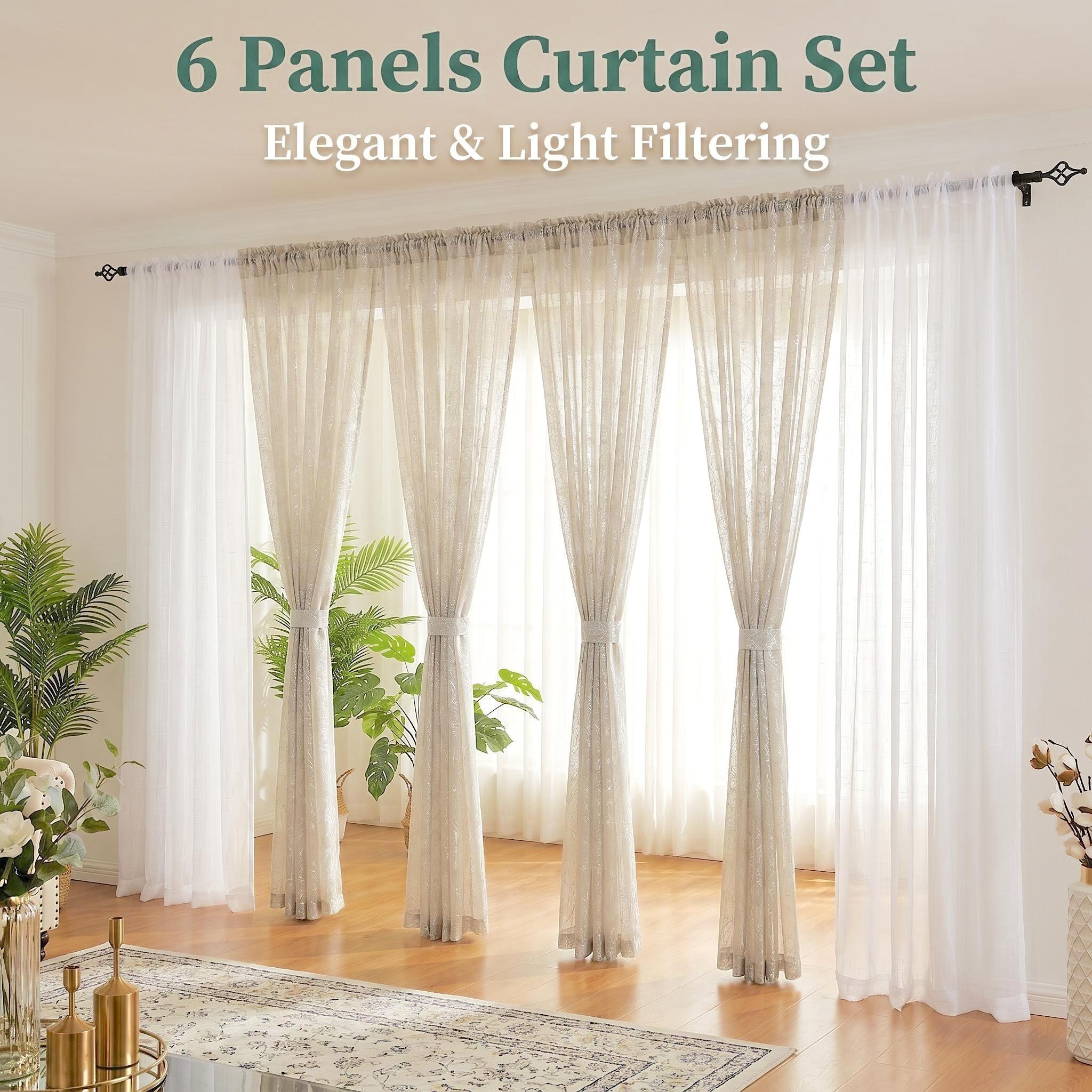 6-Panel Rod Pocket Window Drape Set (52"x84") - Durable, Dustproof, Breathable, Anti-Shrink, Fade-Resistant Flat Weave, 4 Foil Silver Metallic Sheers, 2 Linen Texture Chenille Semi-Sheers, Easy Installation, for Bedrooms/Living Rooms (FT5001 L39), Rust