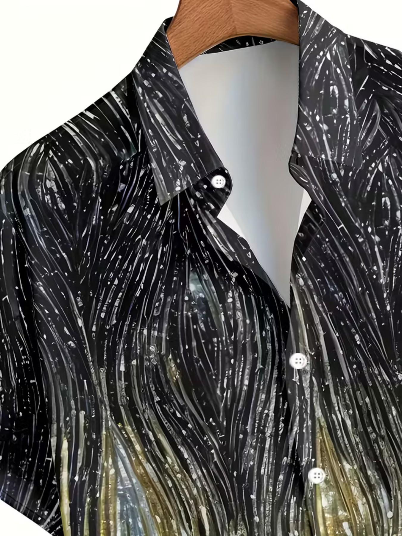 Men's Gradient Wave Gold Foil Print Short Sleeve Shirt, Summer Casual Vacation Style Collar Open Front Jacket, Trendy Unique Floral Blouse