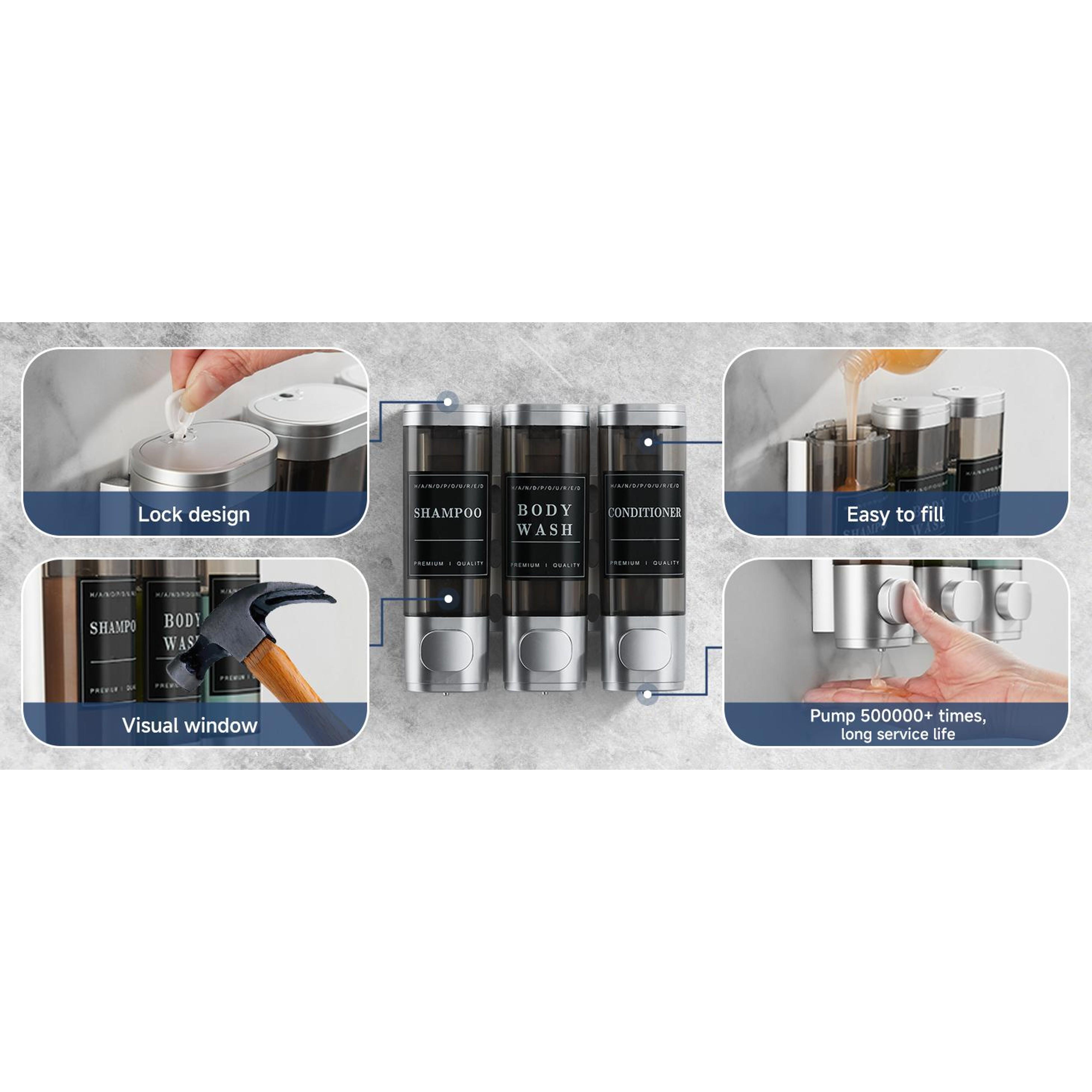 Shower Soap Dispenser Wall Mounted No Drill Shampoo Dispenser for Shower Wall Shampoo and Conditioner Dispenser Bathroom Hotel 3 * 300ml Silver with Labels