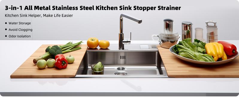 Hibbent All Metal Stainless Steel 3 in 1 Kitchen Sink Drain Strainer and Stopper Combo, Upgraded Sink Stopper, Anti-Clogging Stainless Steel Basket Strainer with Handle for US Standard 3-1/2" Drain