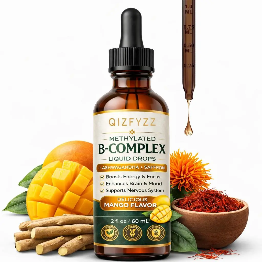 Methylated B Complex Liquid – L-5-MTHF Folate, B12 Methylcobalamin & B6 – with Ashwagandha & Saffron – Vegan Vitamin B Drops for Energy, Focus, Brain Health (2 oz)
