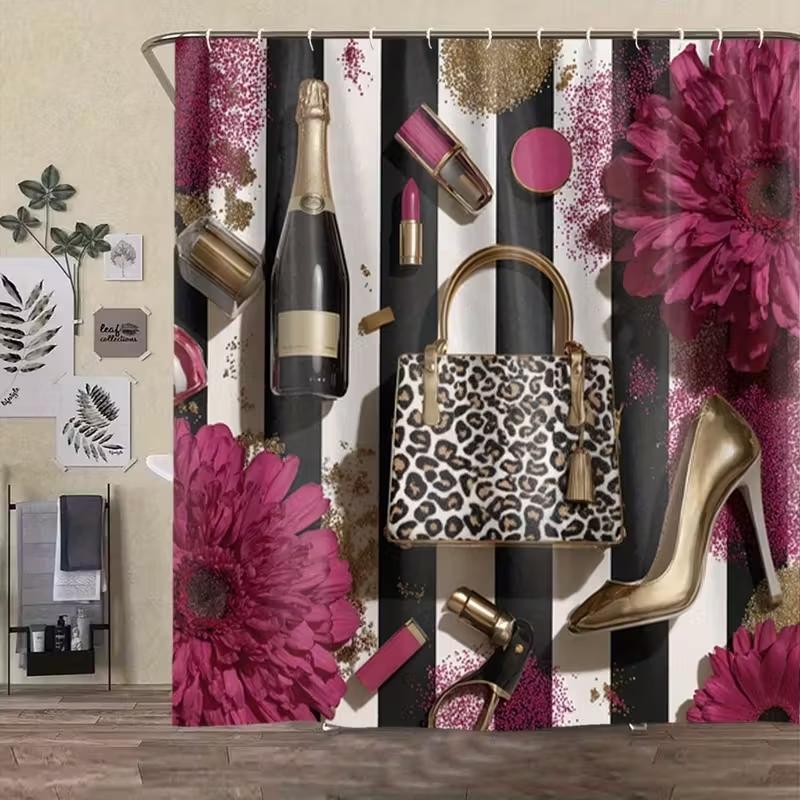 1/4pc Fashionable, Luxurious, and Beauty Pattern Shower Curtain Set, including a shower curtain, toilet seat cover, and U-shaped mat. Perfect for bathroom décor and beautifying the space. Comes with 12 shower curtain hooks Bathroom Decoration Accessories