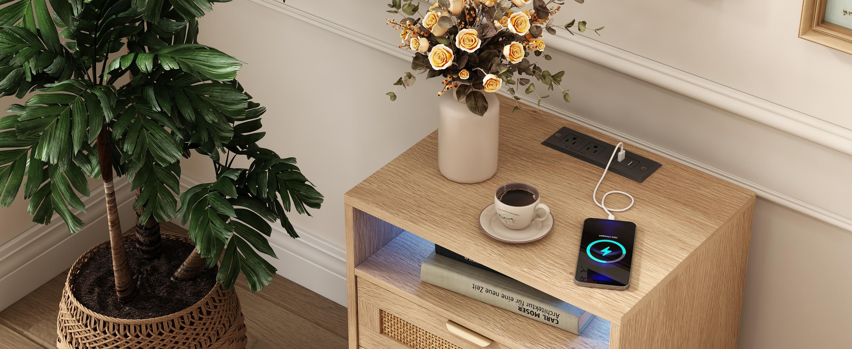 Vabches Rattan Nightstand with Charging Station & LED Lights, Modern Entryway Table with USB Ports and 2 Storage Drawers, Bedside Table for Bedroom
