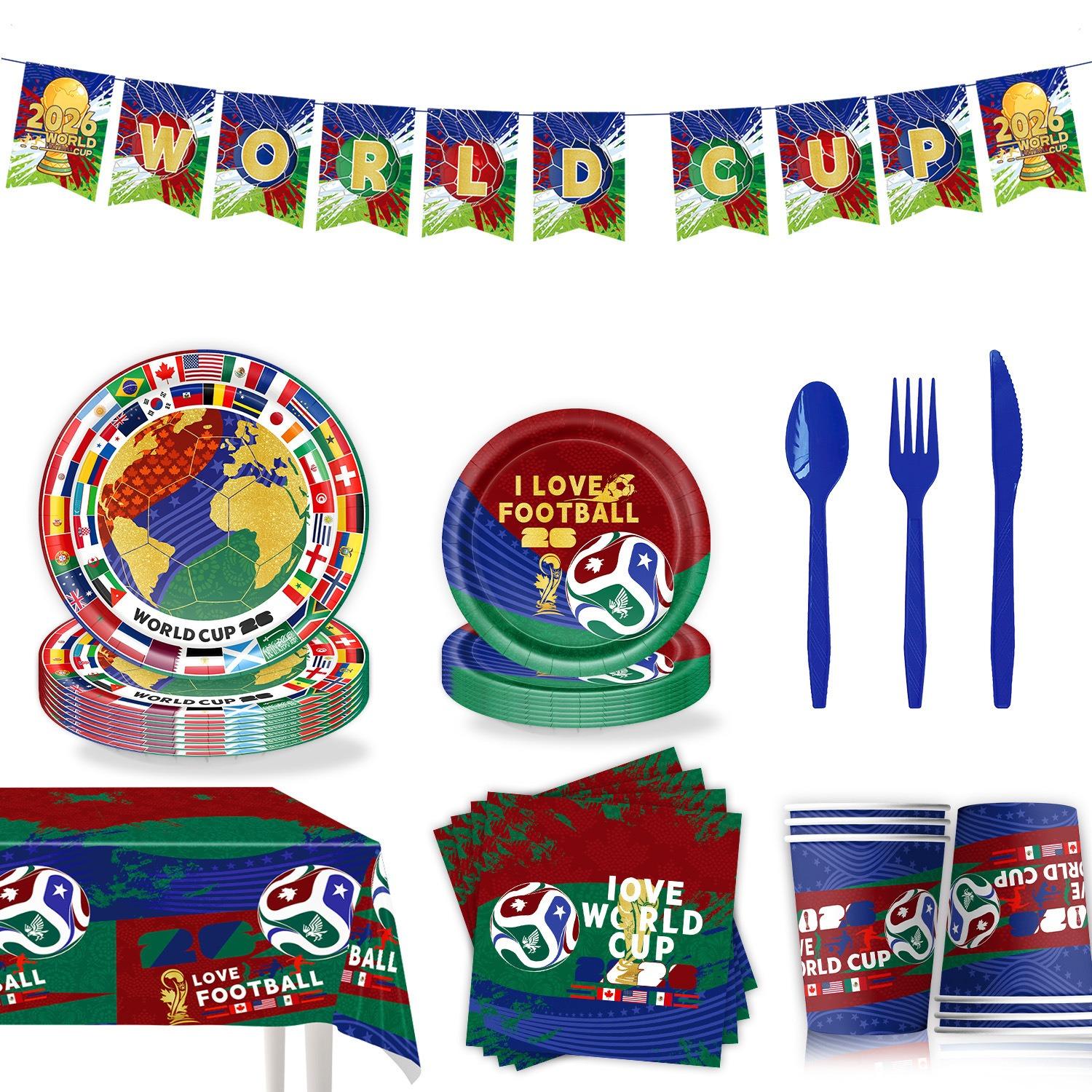 World Cup Football Theme Party Supplies Set, Paper Plates, Napkins, Tablecloth, Banner, Decorations, Balloons, Perfect for Celebrations