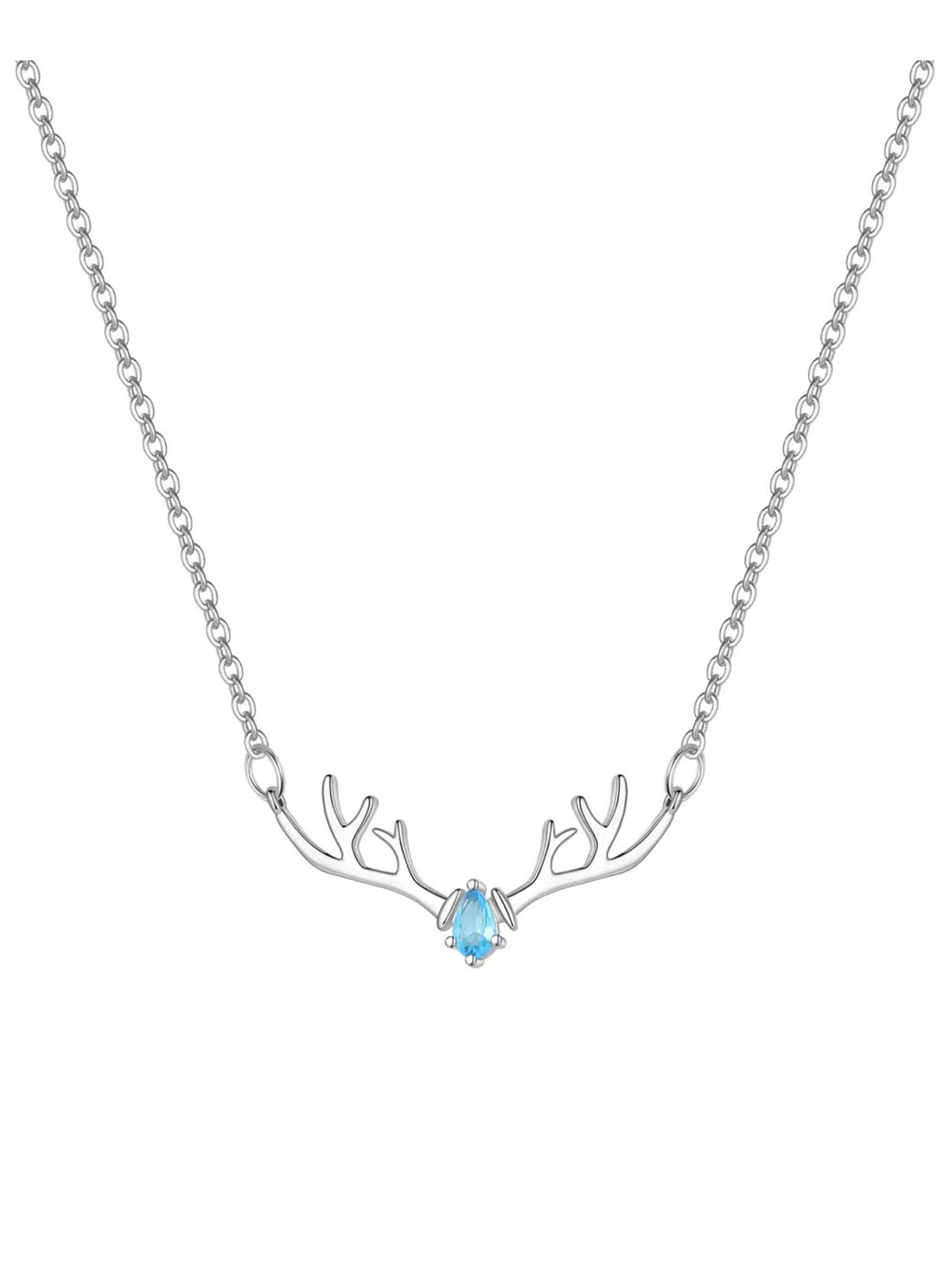 Tarnish-Free Titanium Steel Antler Necklace for Women - Waterproof Blue Crystal Deer Pendant Jewelry Gift