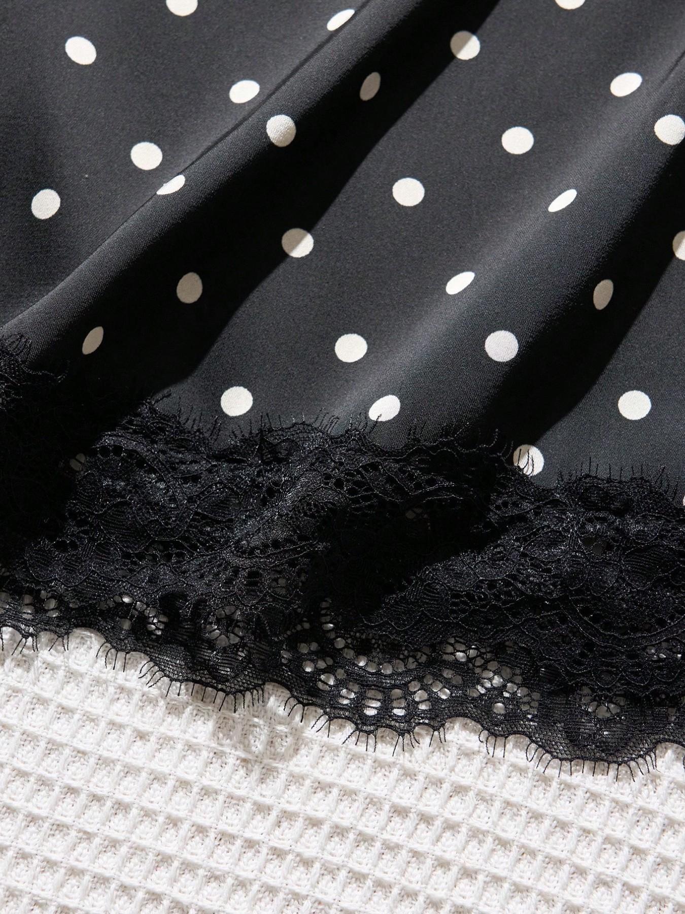 Polka Dot Satin Lace High Waist A-Line Mini Skirt, Elegant Vintage Smooth Casual Flowy Short Dress for Women