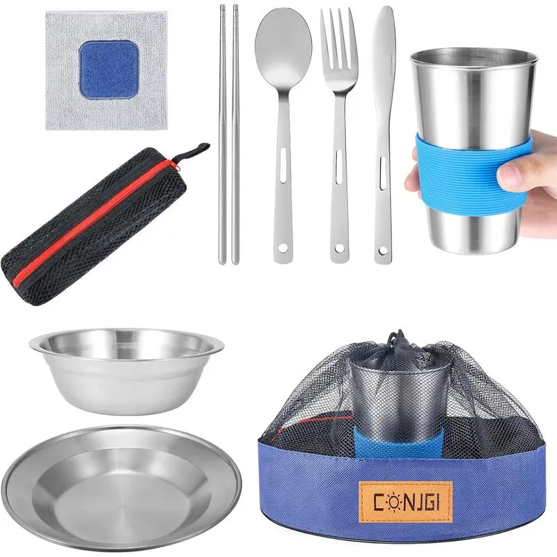 Redream-outdoor Outdoor Camping Mess Kit - 1 to 2 persons Camping Dishes Includes Cups, Bowls, Dishes, Knives, Forks, Spoons, Etc, Camping Dinnerware Set with Mesh Bag is Easy to Carry Camping Tableware Set