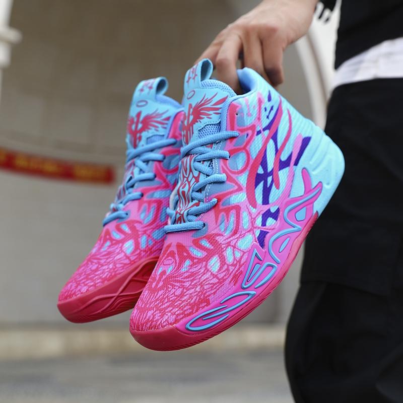 1 Pair Fluorescent Pink Green Graffiti Parent-Child High-Top Basketball Shoes Art Sports Style Breathable Mesh Material Shock Absorption Ankle Protection For Basketball Training And Trendy Daily Outfit